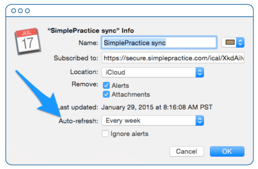 Setting Auto-refresh frequency for your SimplePractice calendar sync in OS X