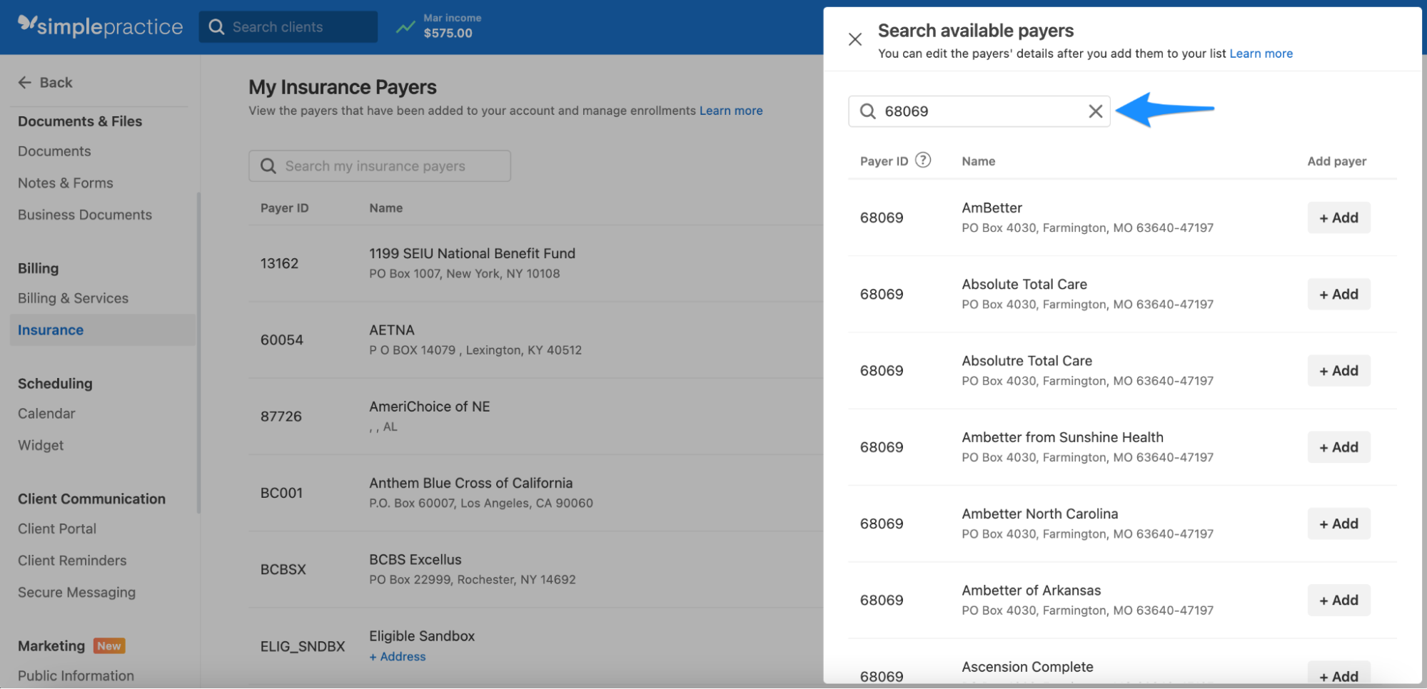Adding insurance payers and selecting the correct payer ID