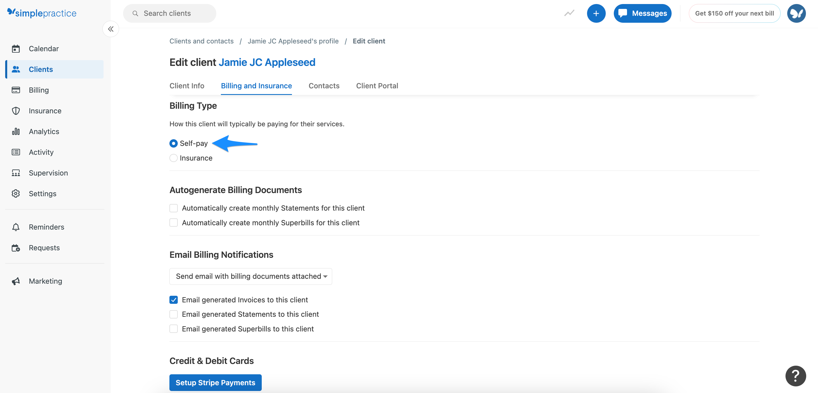 Billing and Insurance section showing Self-pay billing type