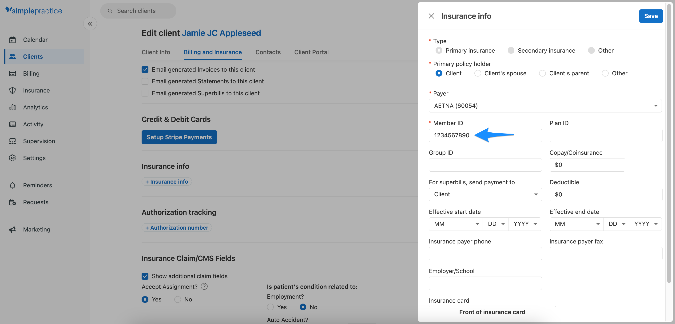 Billing and Insurance section showing Insurance payer and Member ID fields