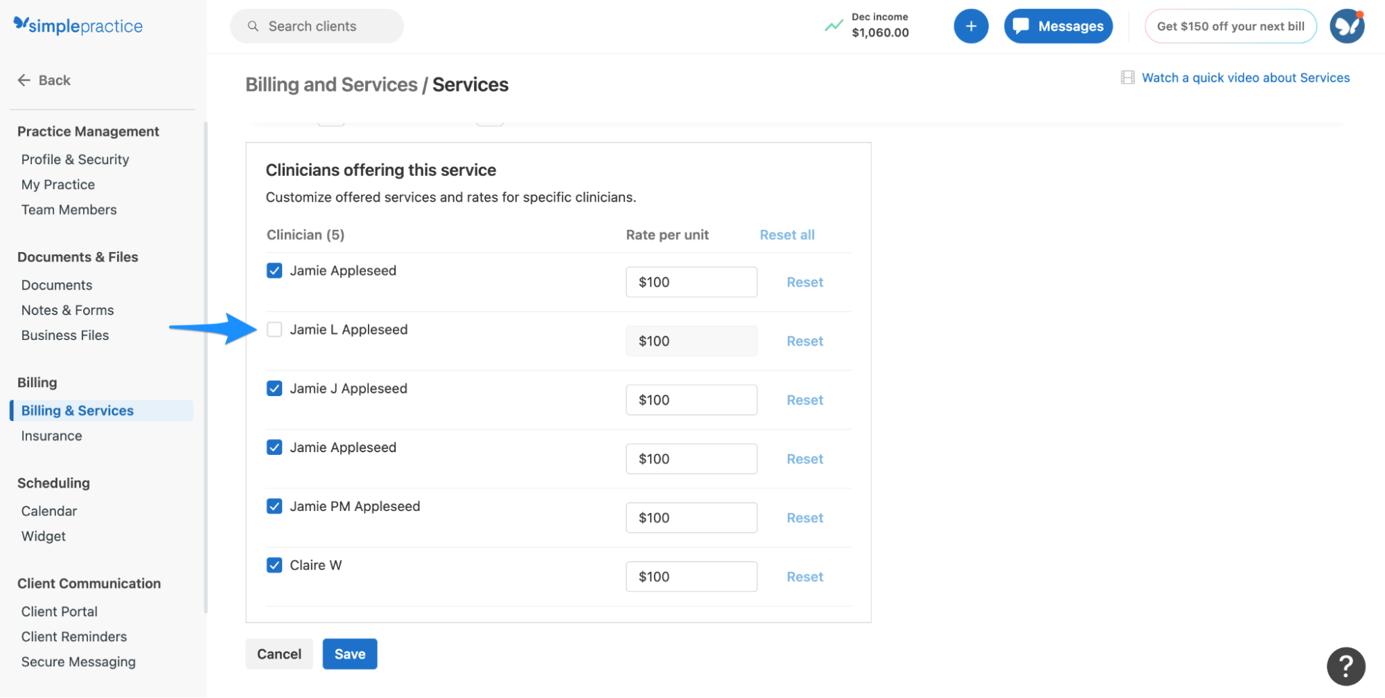 Setting default rates for clinicians – SimplePractice Support