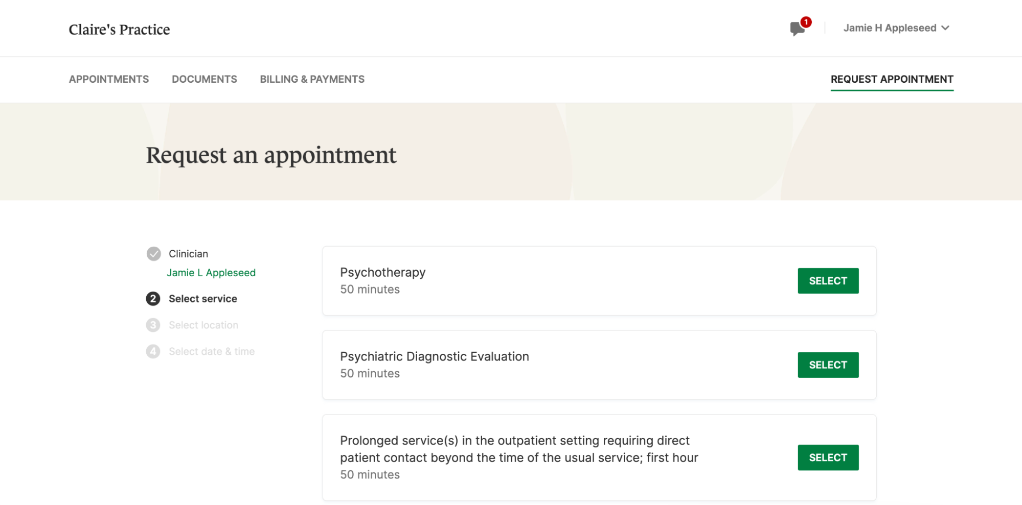 Client Portal view of a service showing description and duration only
