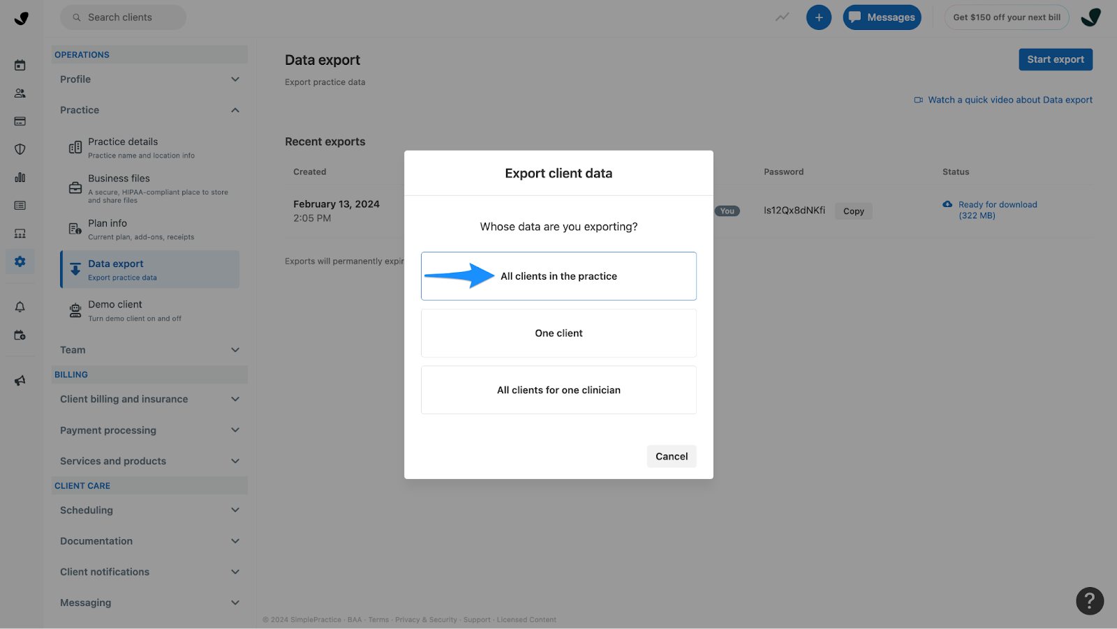 simple practice data export all clients