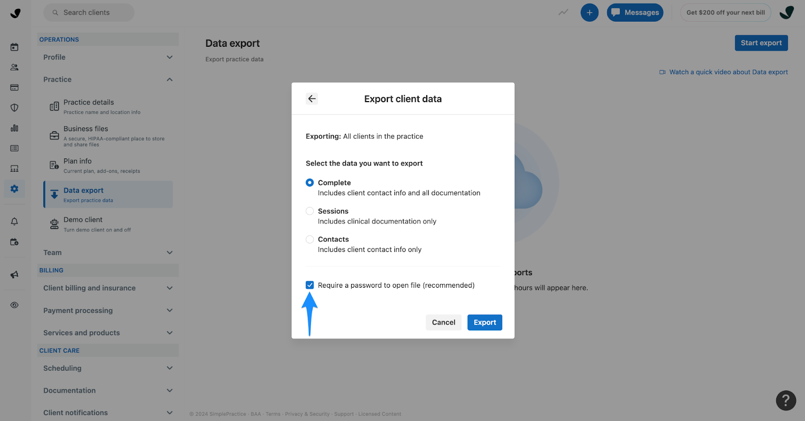 simple practice data export complete