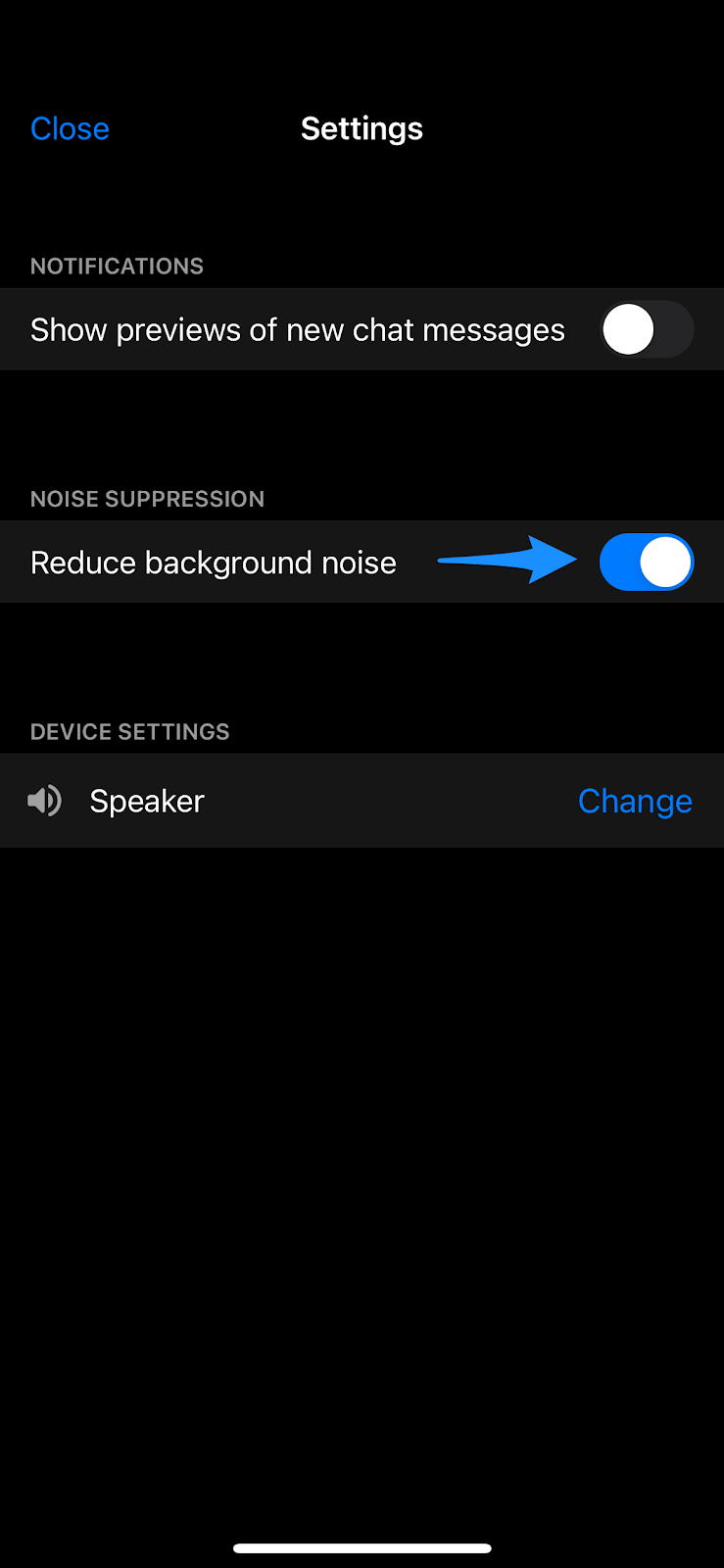Mobile telehealth settings screen showing the reduce background noise option