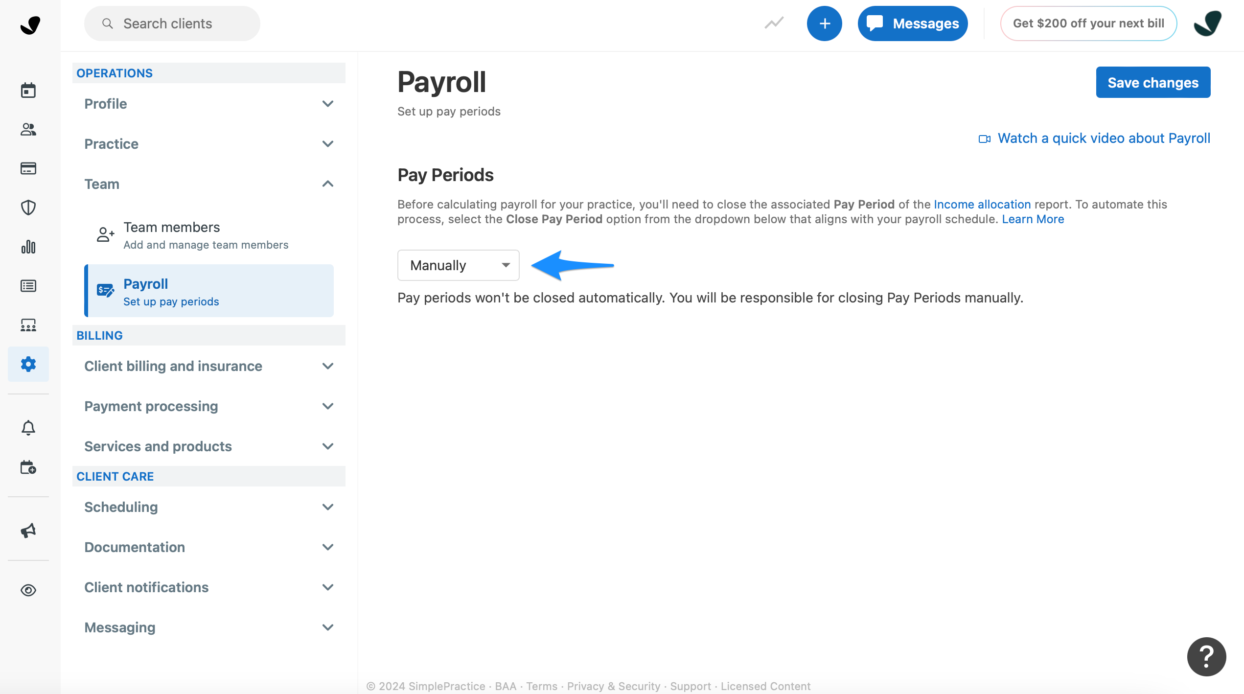 Payroll settings with Manually selected