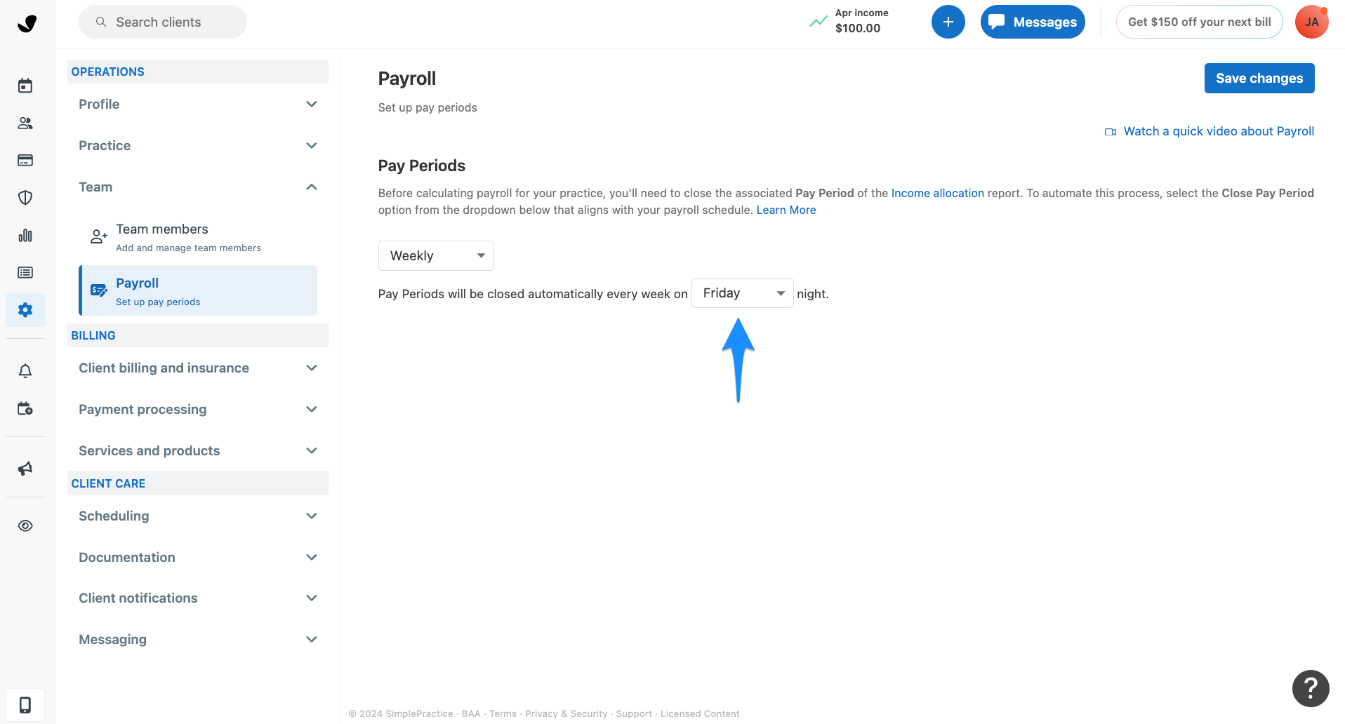 Weekly auto-close pay period settings