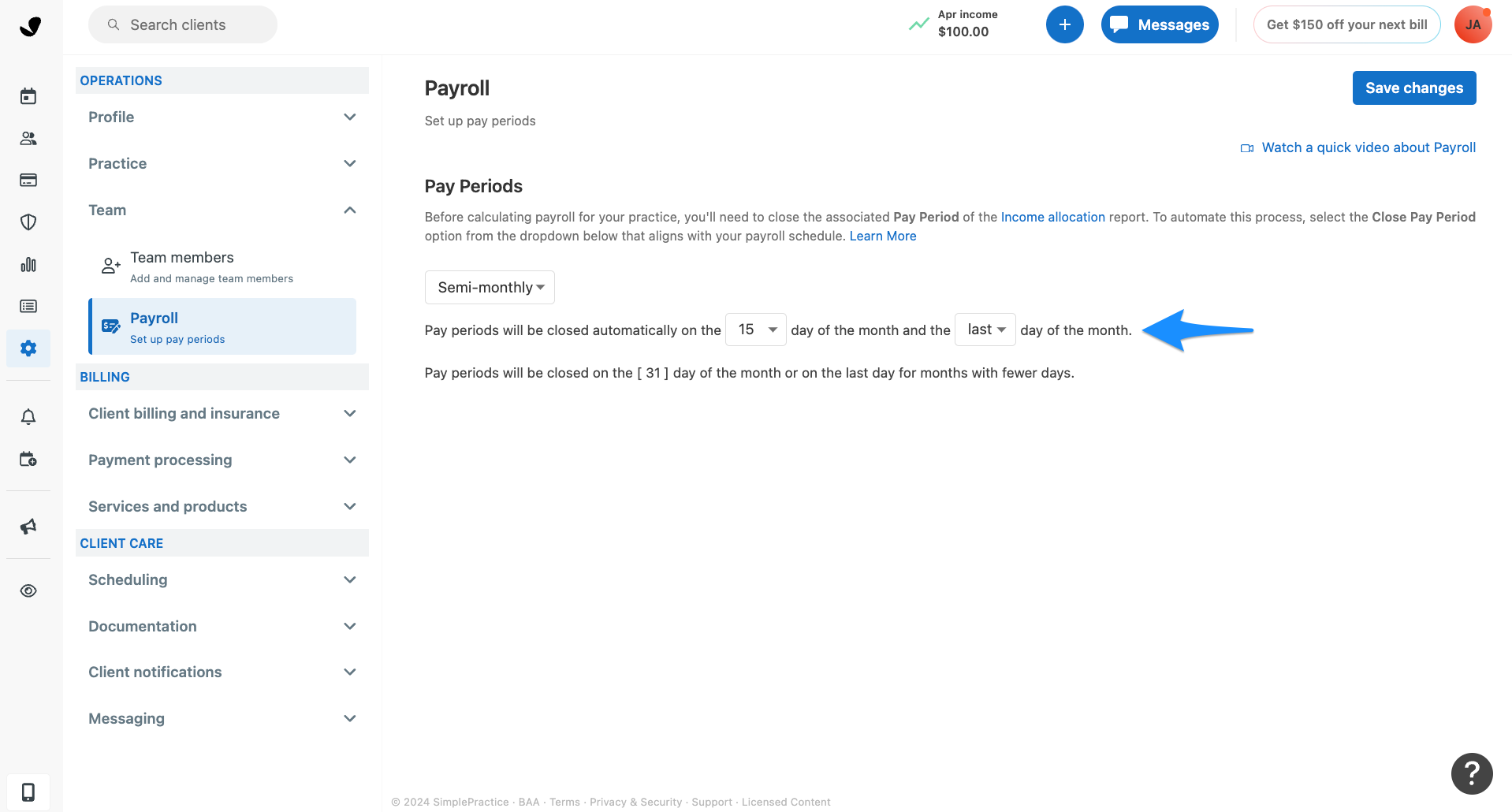 Semi-monthly auto-close pay period settings