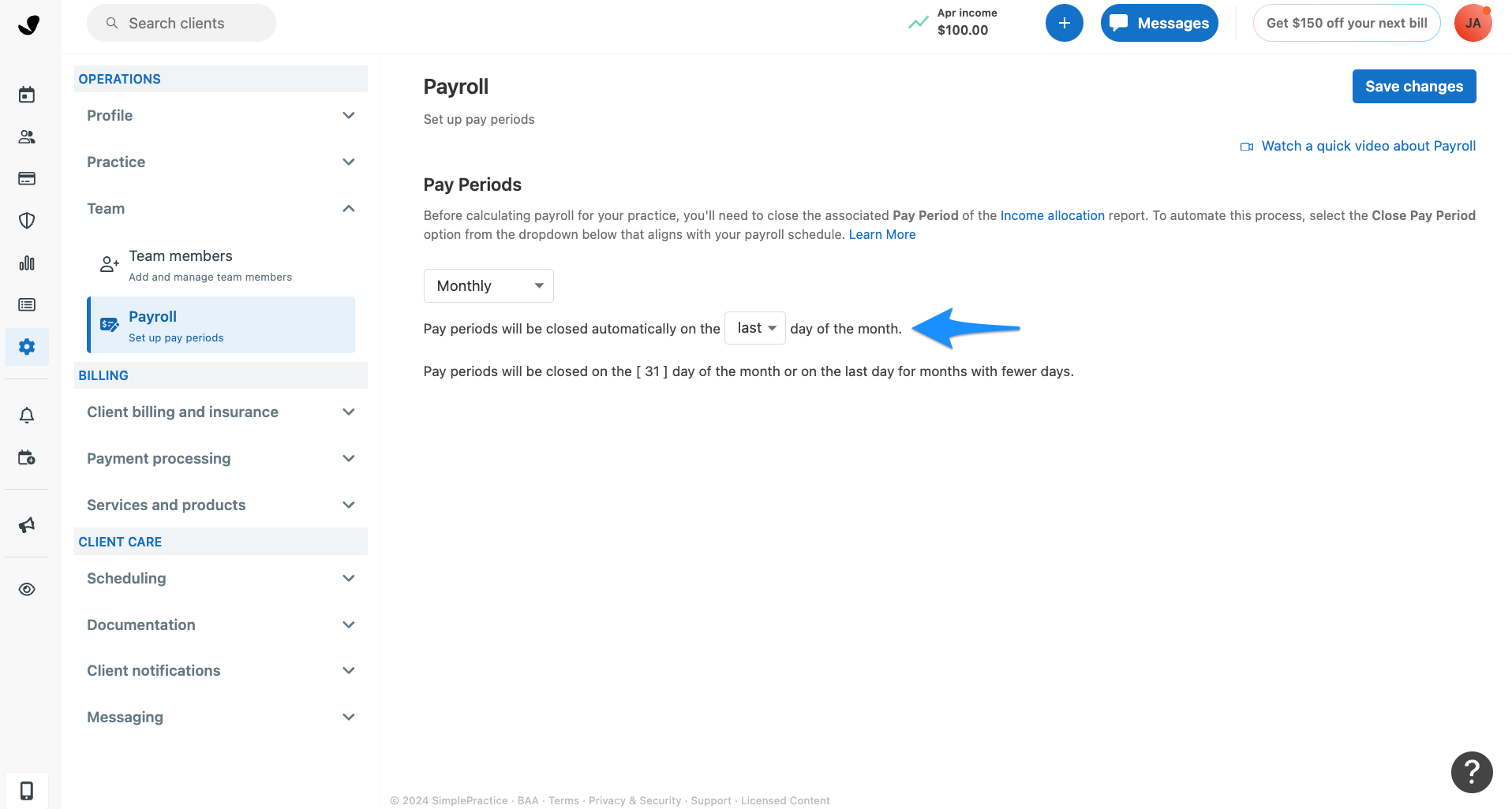 Monthly auto-close pay period settings