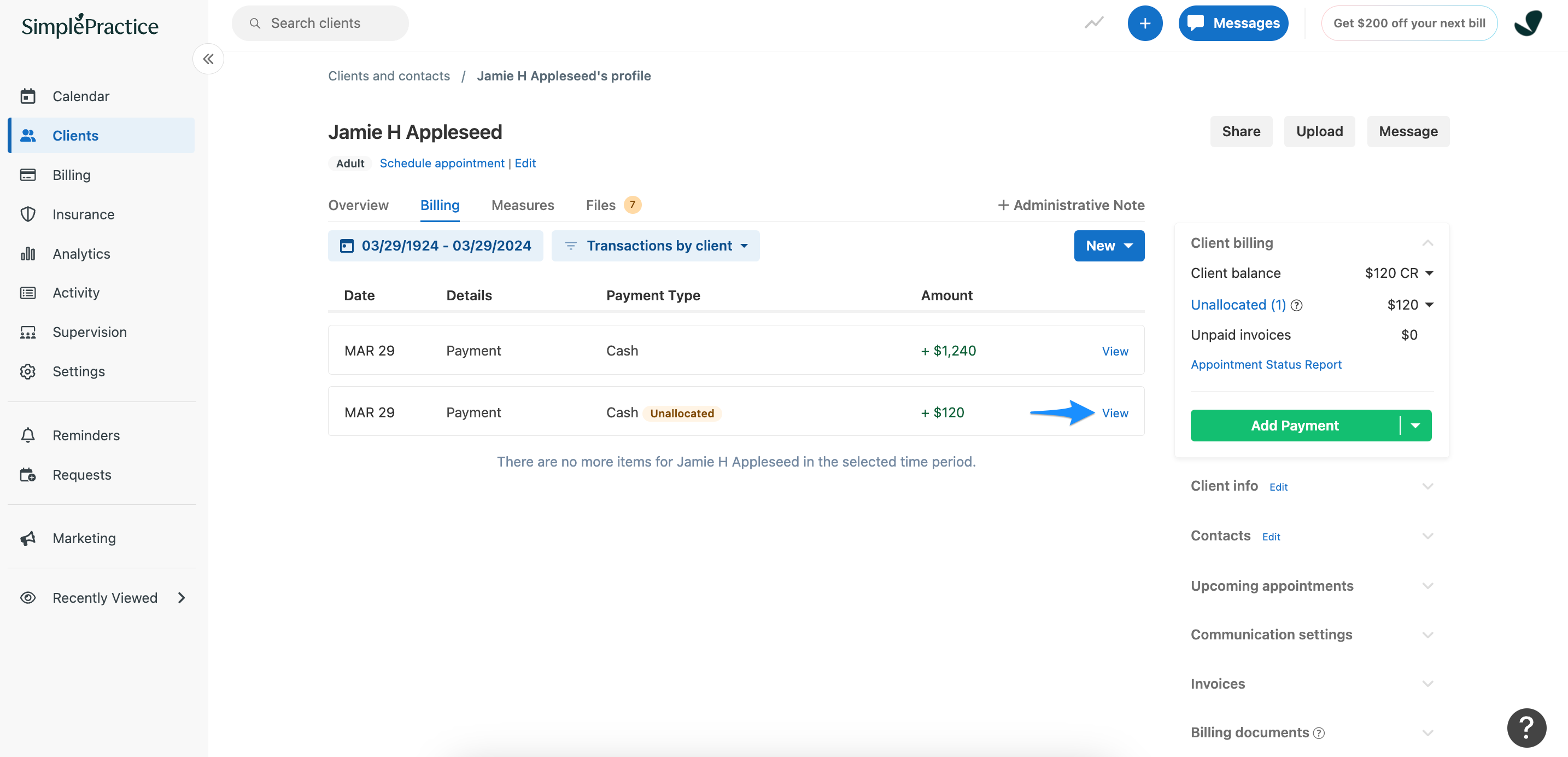 Reviewing a client's billing summary – SimplePractice Support