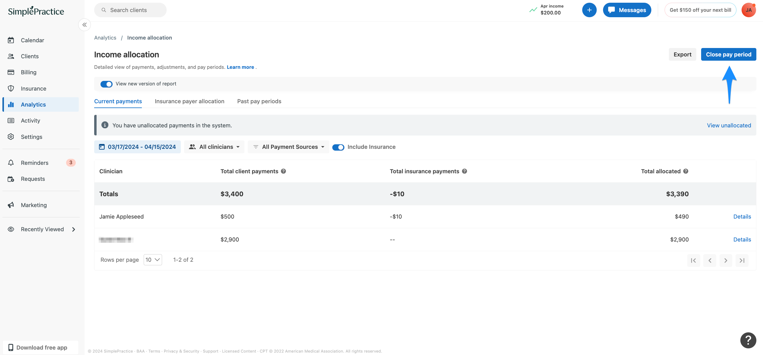 Close pay period button in the Income allocation report