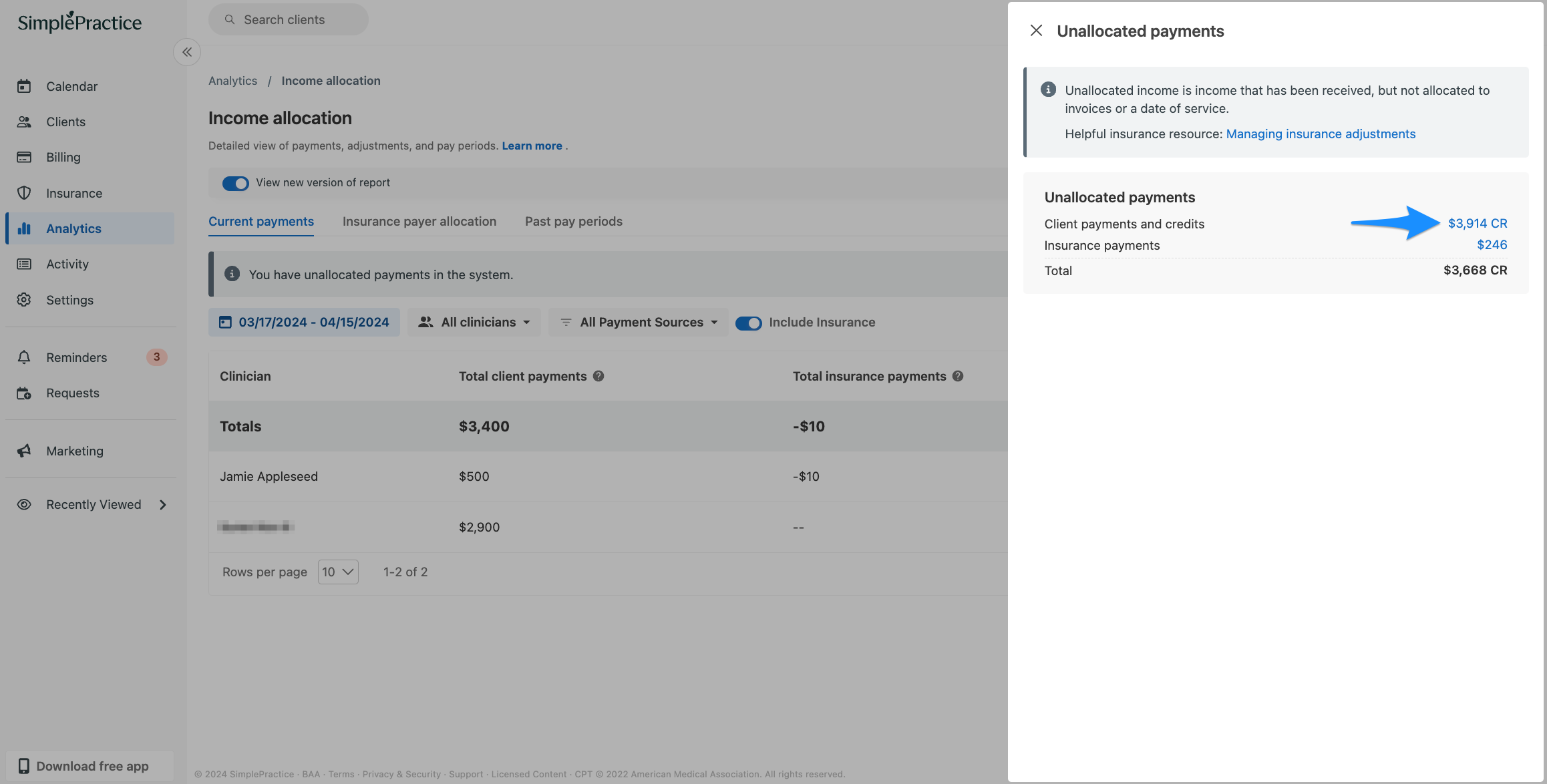 viewunallocatedclientcredit.simplepractice.incomeallocation.png