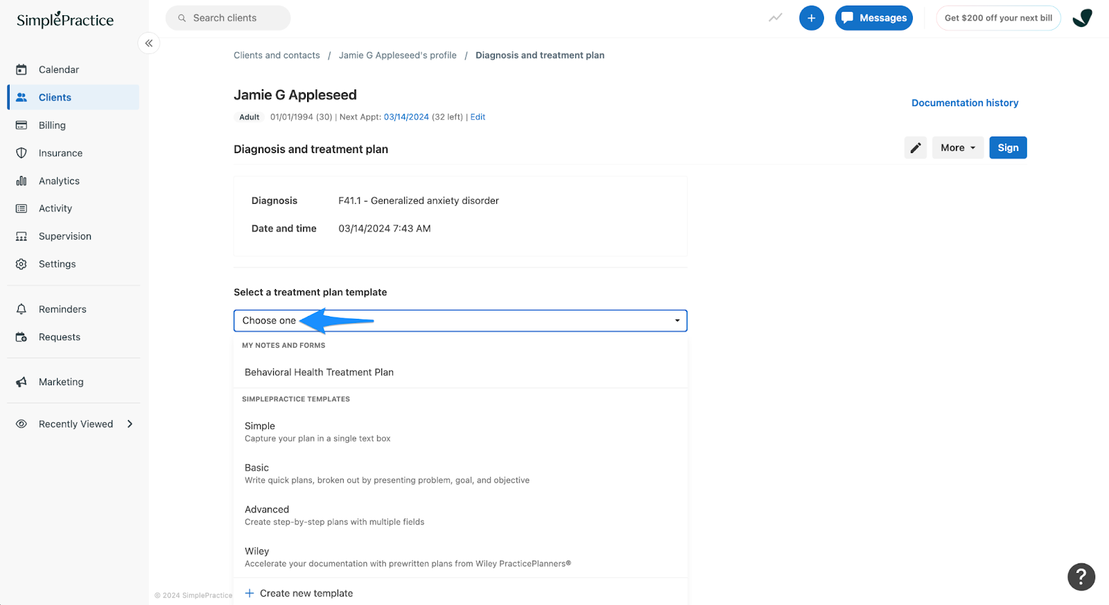 Treatment plan screen with Select a treatment plan template dropdown