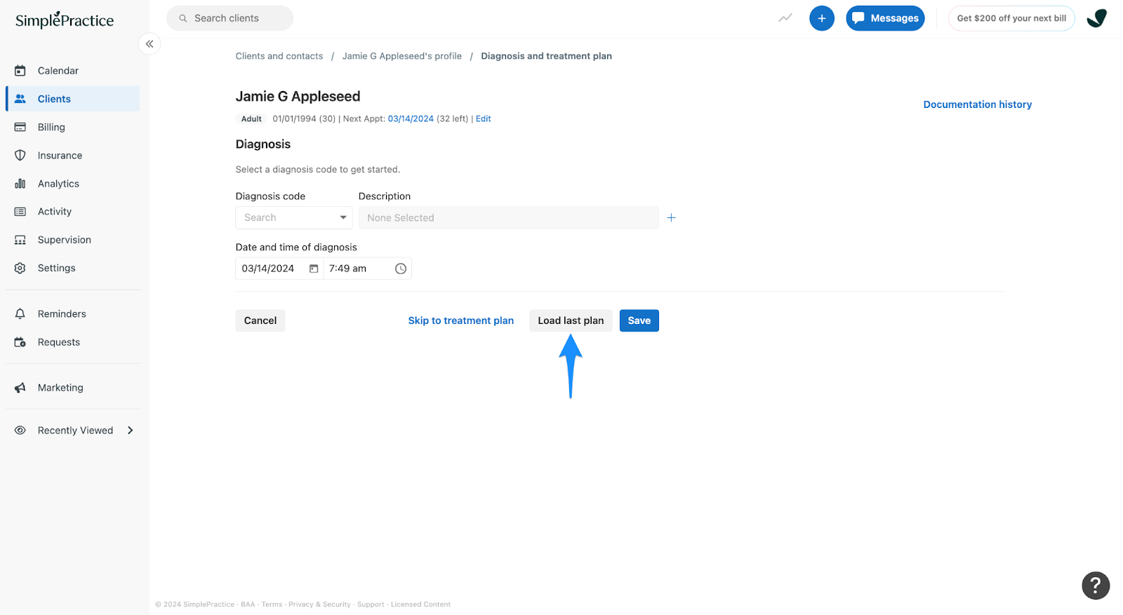 New diagnosis and treatment plan screen with Load last plan option
