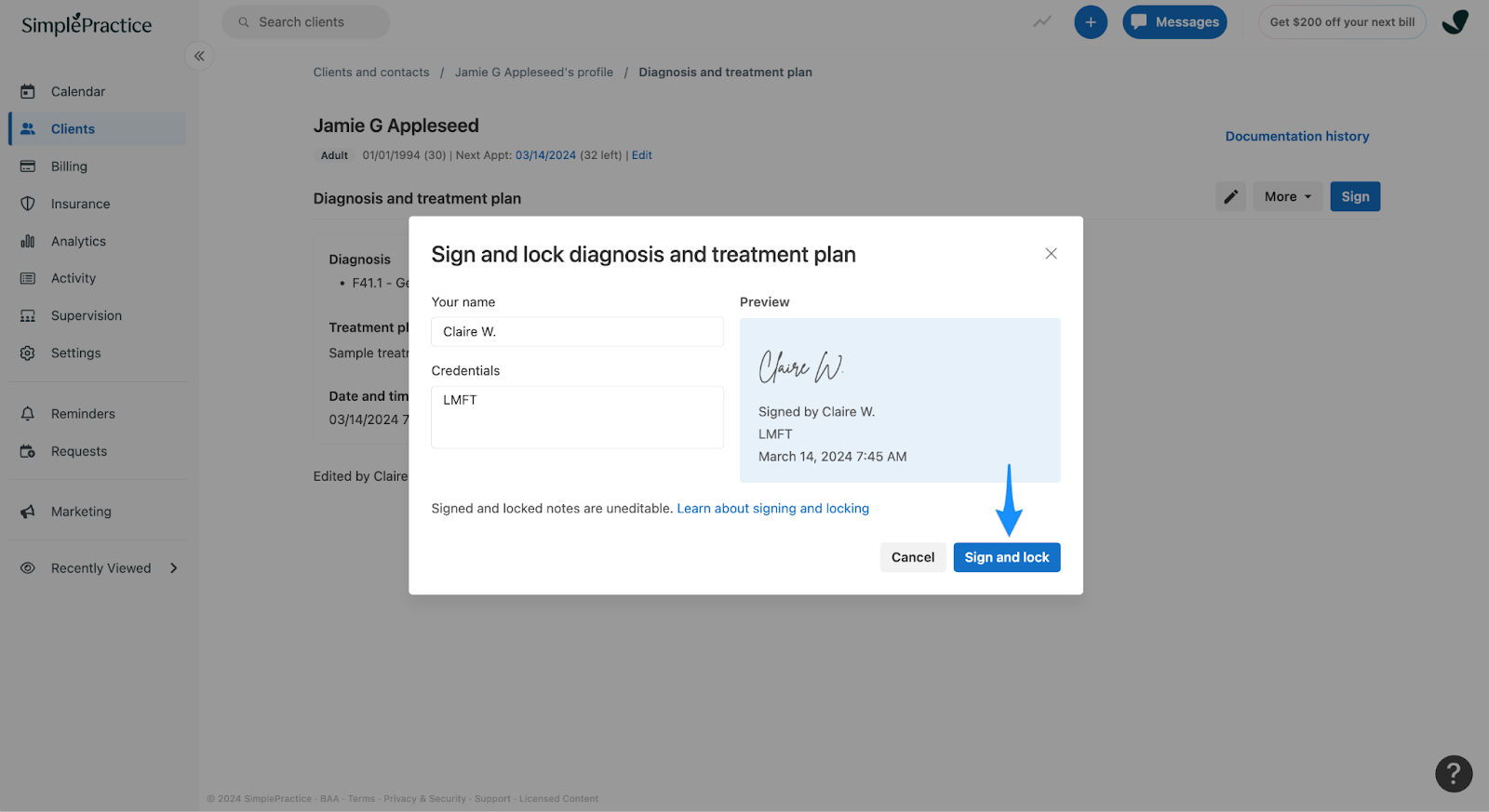 Diagnosis and treatment plan Sign and lock modal
