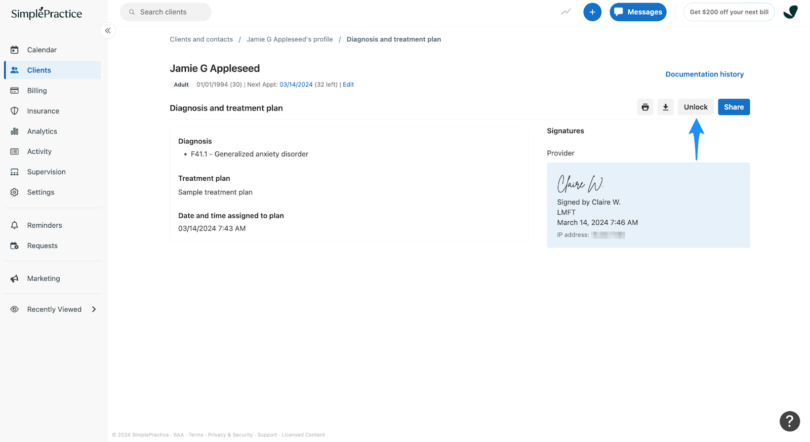 Diagnosis and treatment plan with Unlock option selected