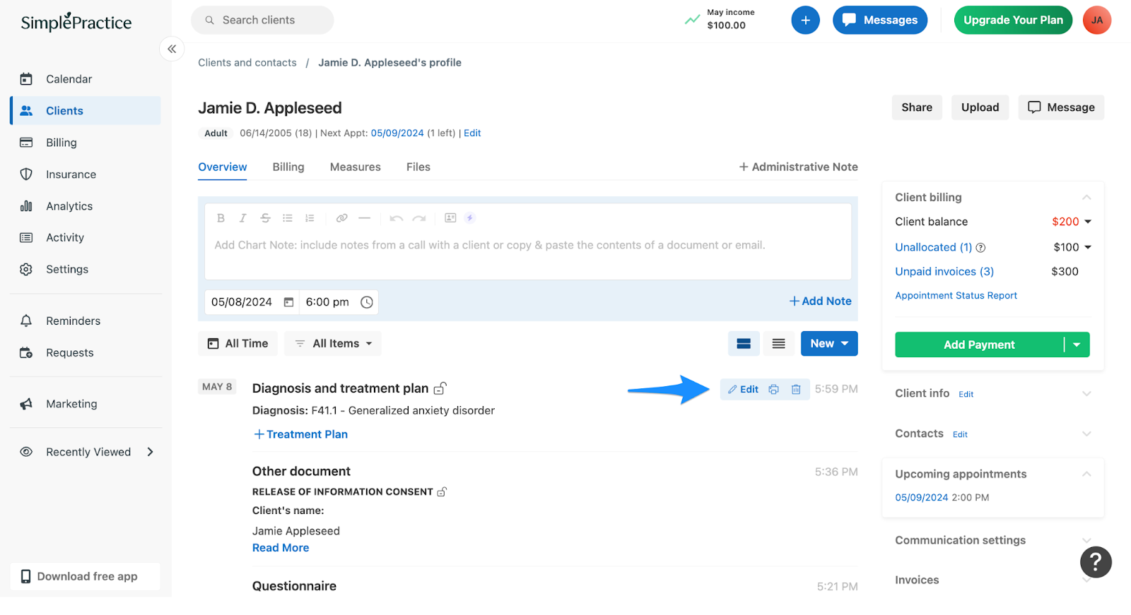 Client Overview page with diagnosis and treatment plan edit, print, and delete icons