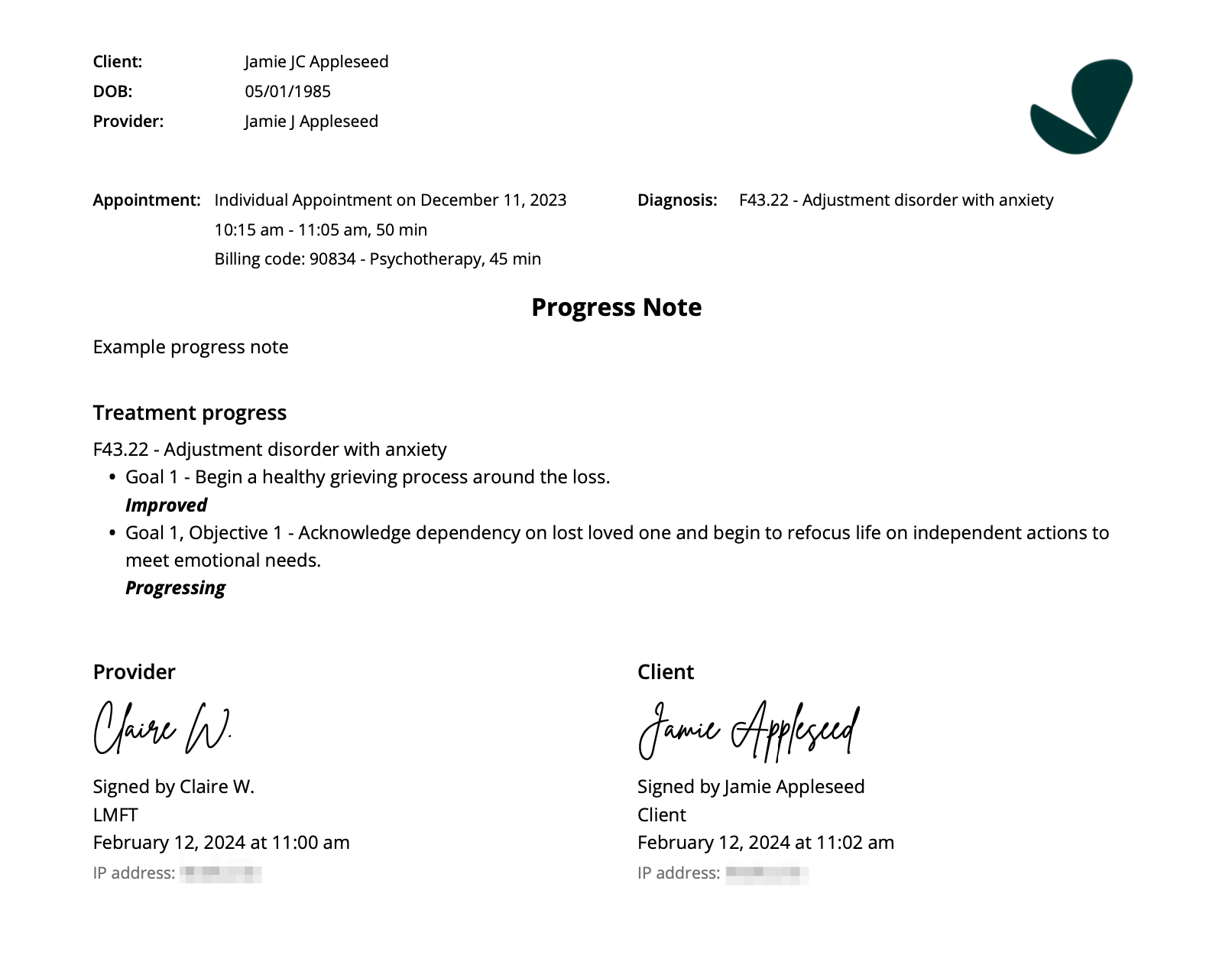 Using progress and psychotherapy notes for individual appointments 