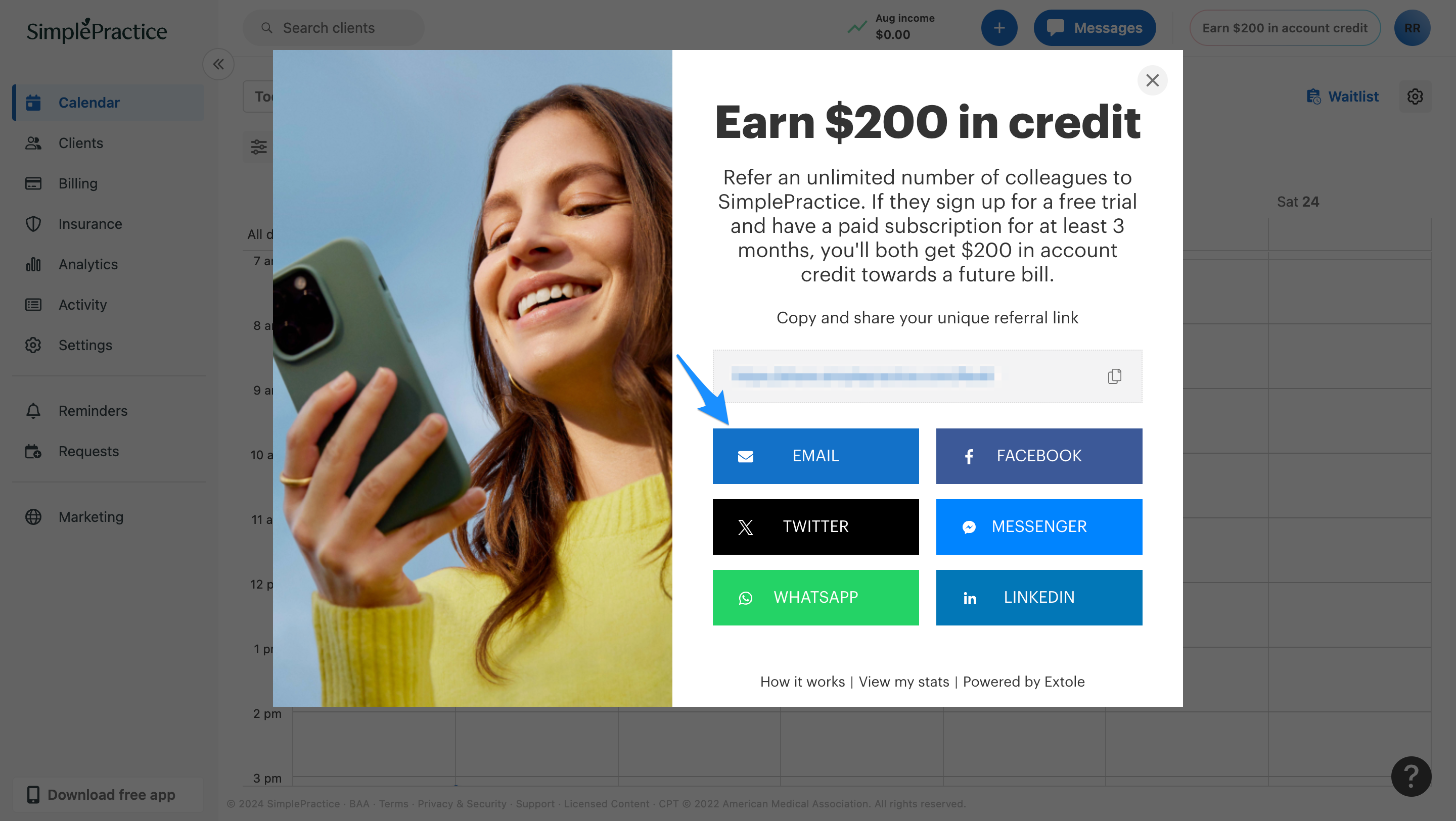 Email button for sharing a SimplePractice referral link