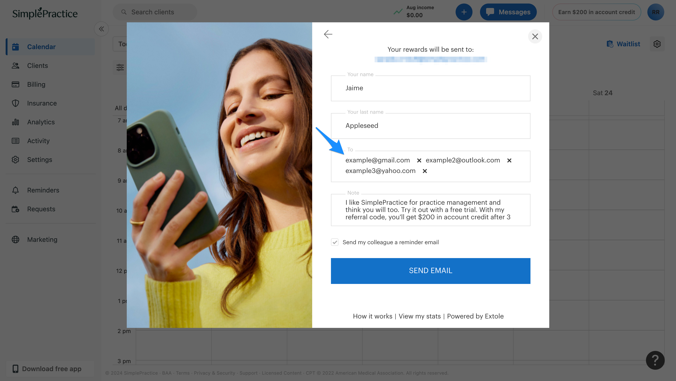 Email field showing multiple colleague email addresses for referral