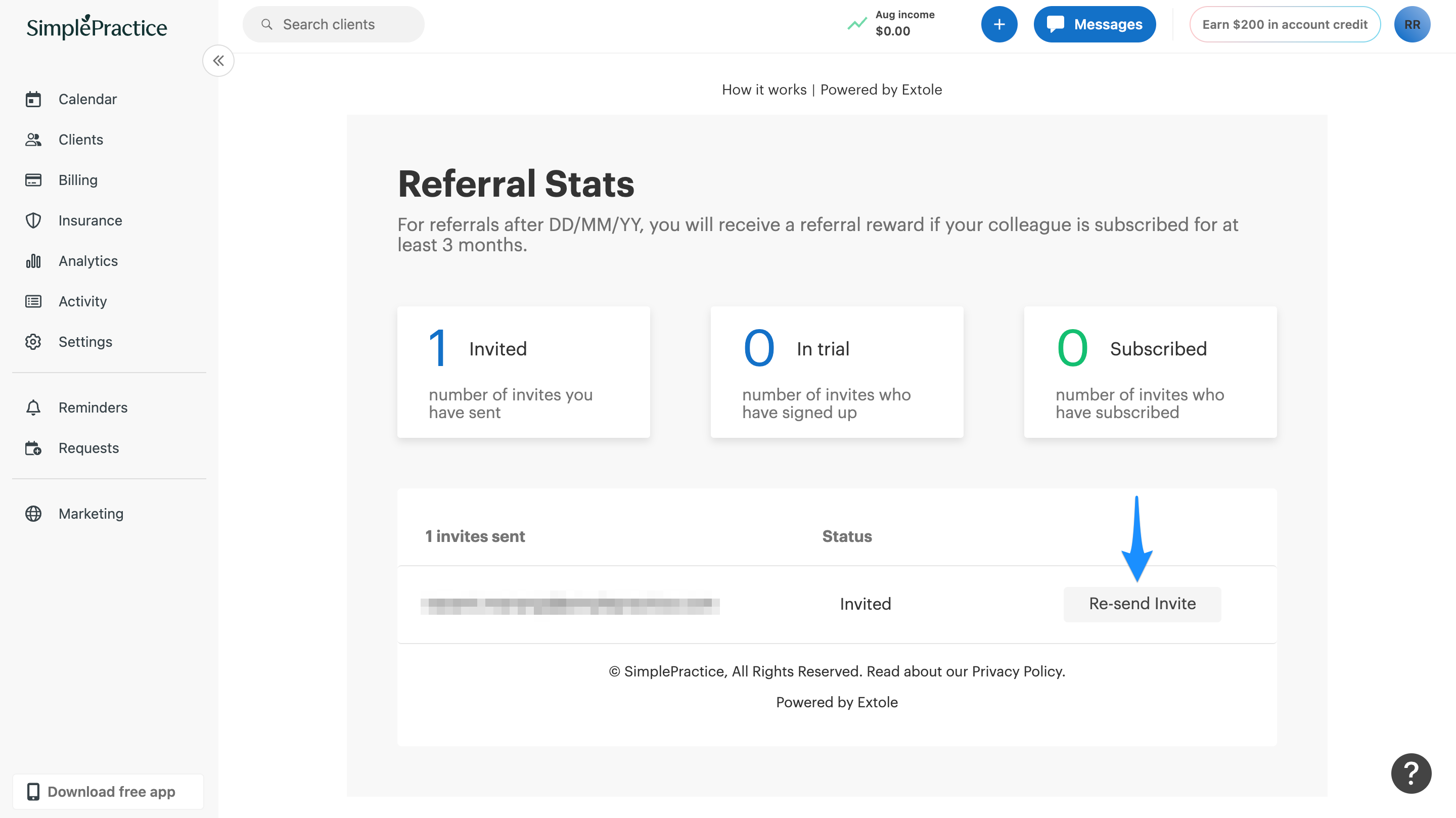 Re-send Invite button next to a referral email