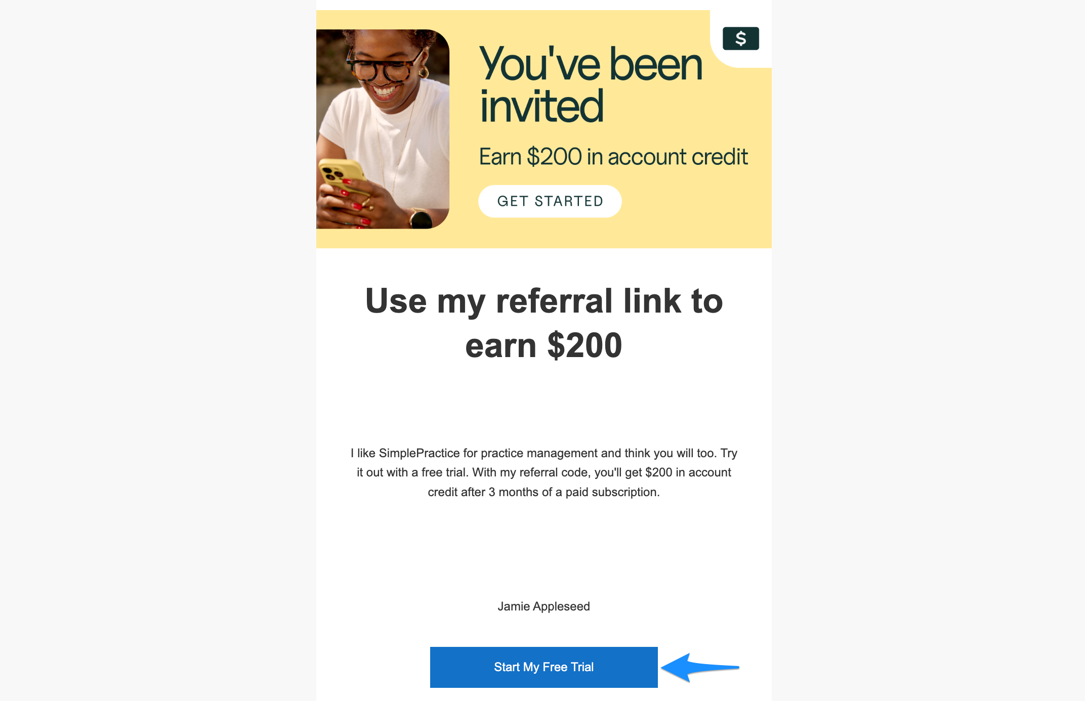 Referral email showing Start My Free Trial button