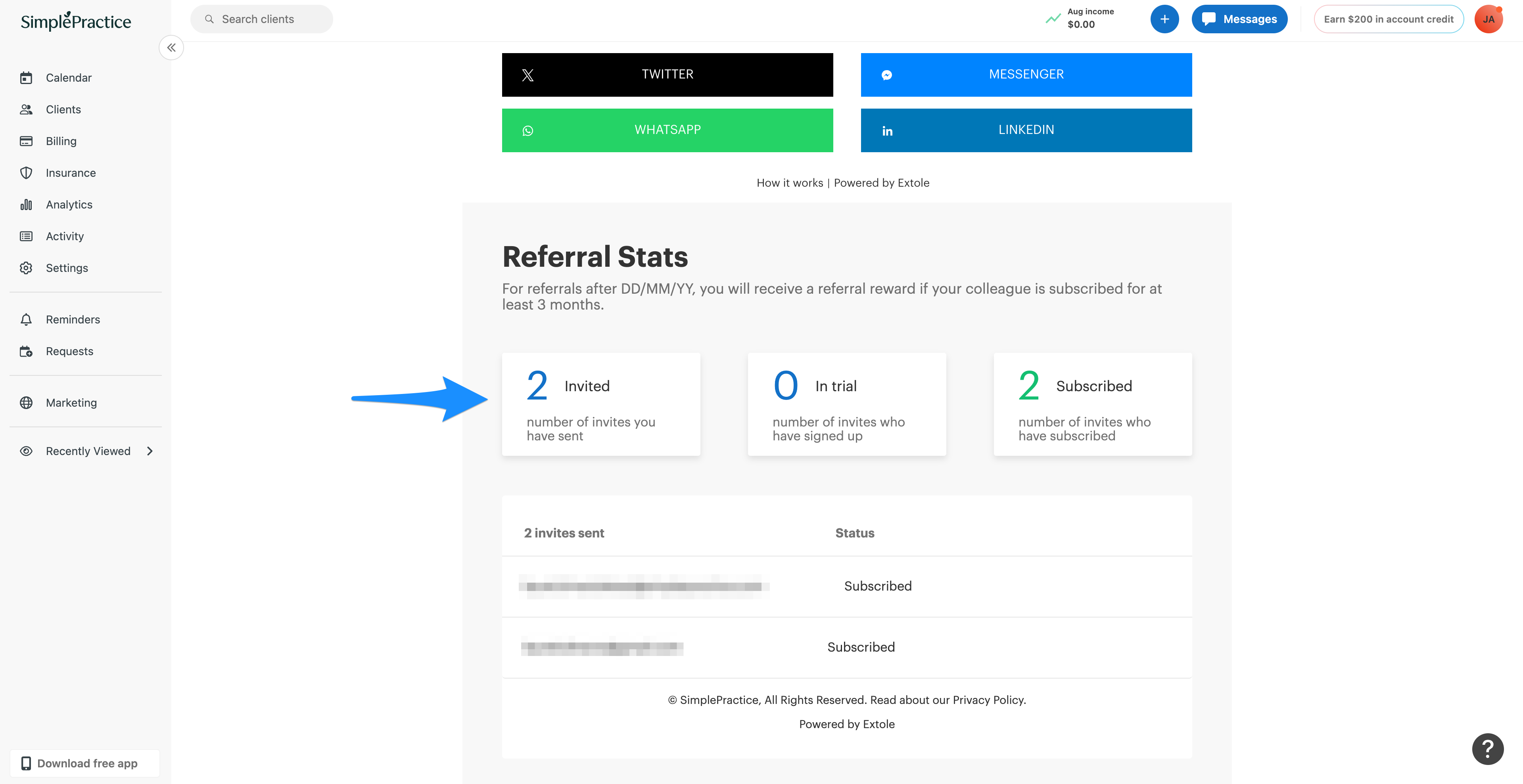 Referral stats page showing colleague statuses