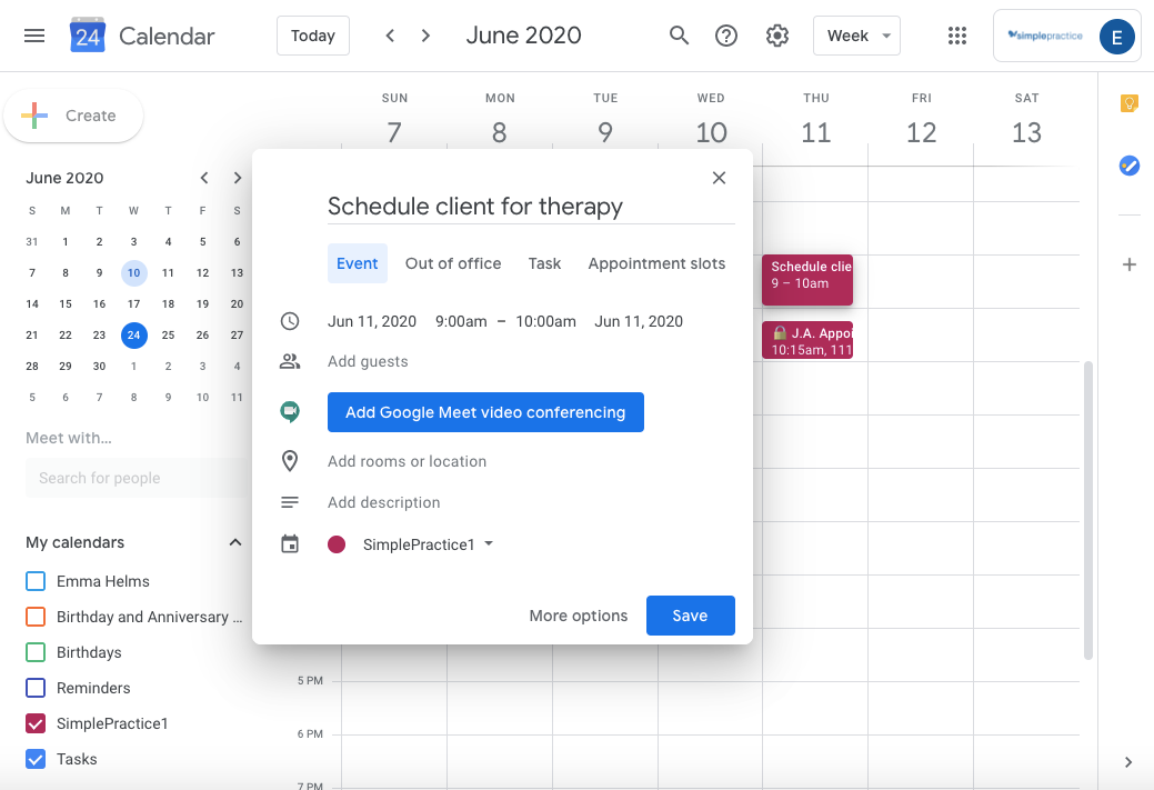 Getting started with the 2 way Google Calendar sync SimplePractice
