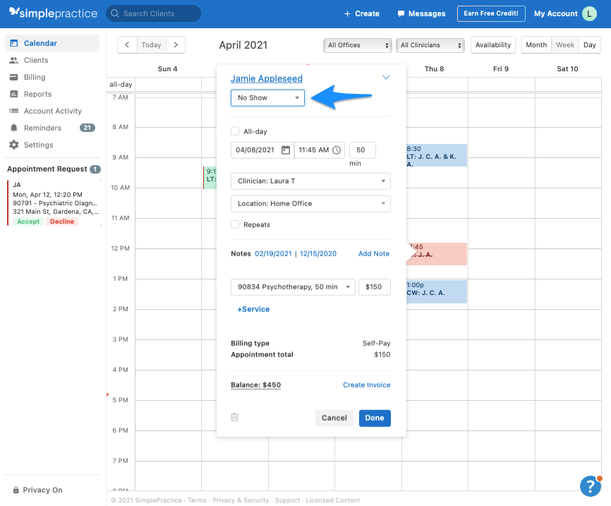 How to change an appointment status SimplePractice Support