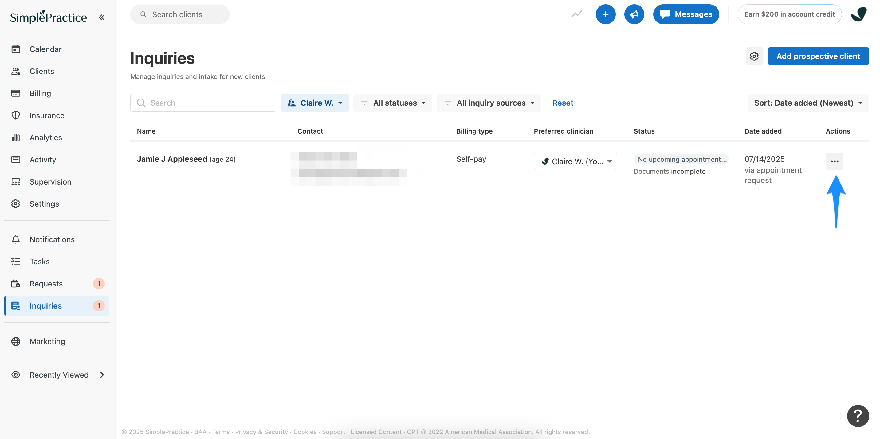 Inquiries page showing the Actions column with the three-dot menu highlighted