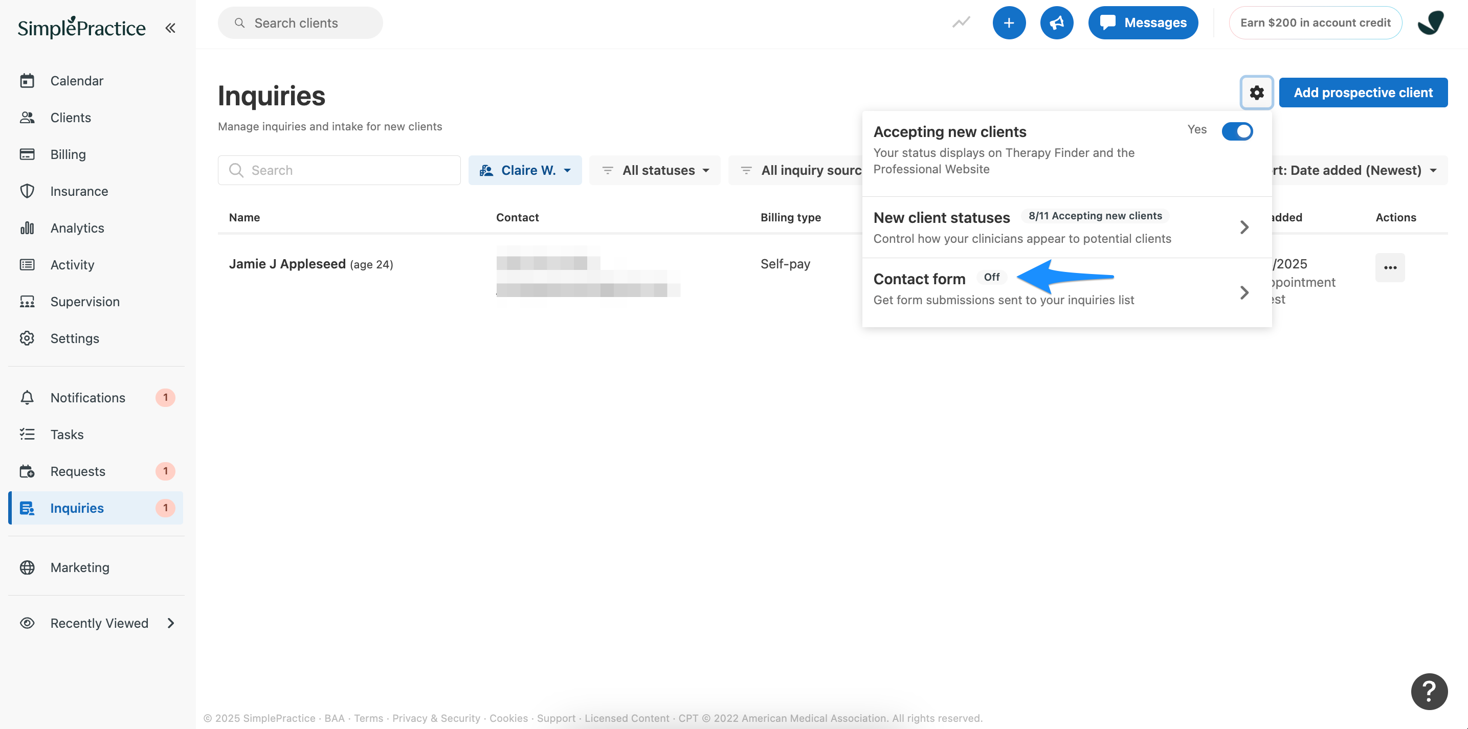 Contact form settings flyout showing Contact form option currently off
