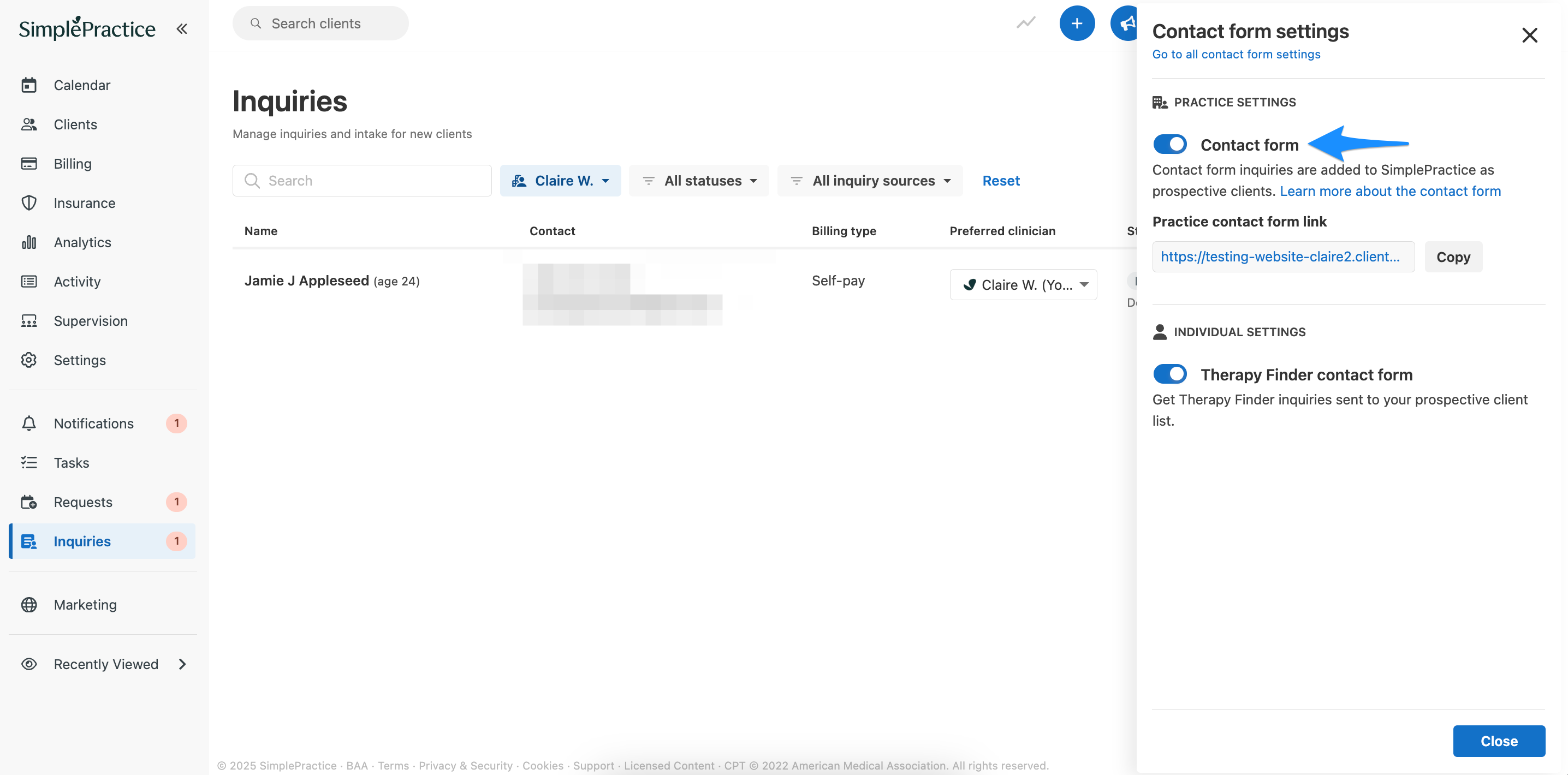 Contact form settings flyout showing the Contact form toggle turned on