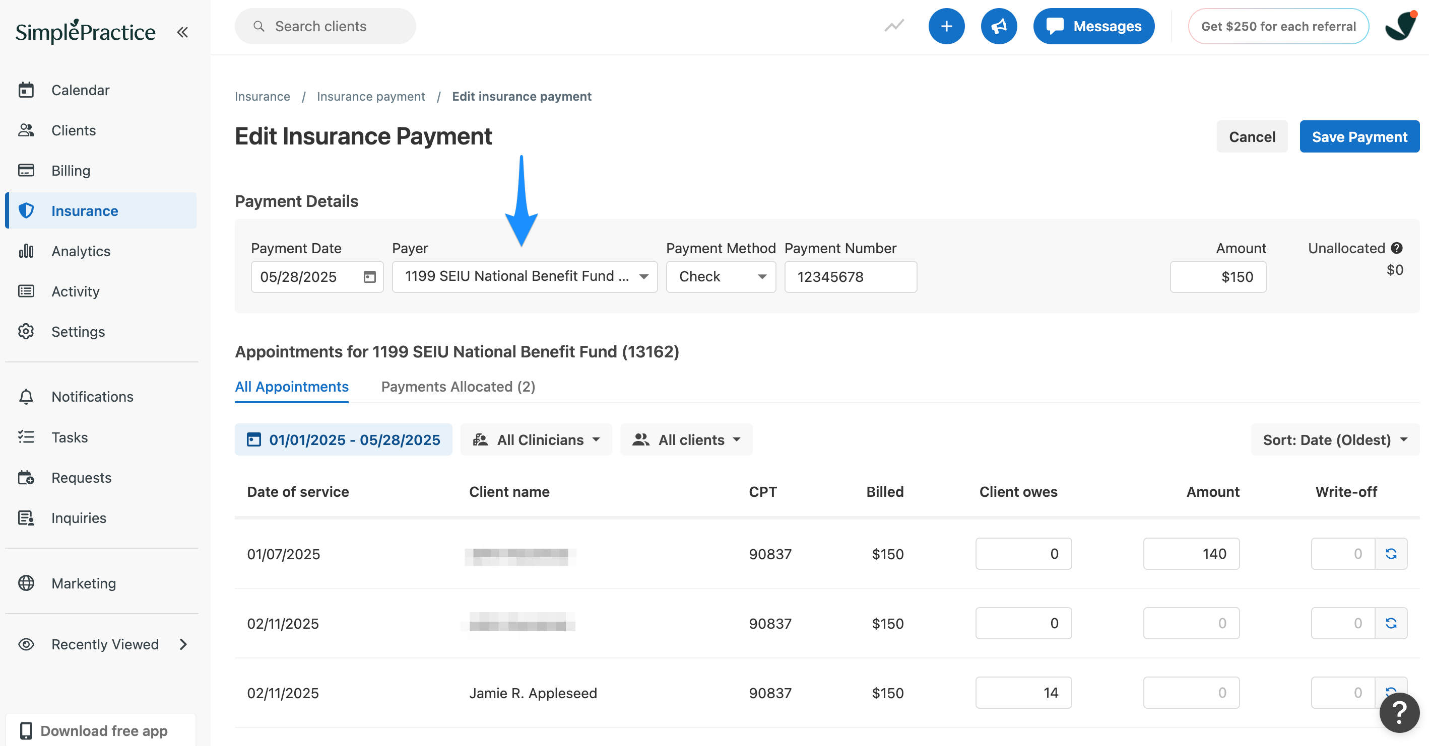Insurance payment view showing Edit option to change the payer