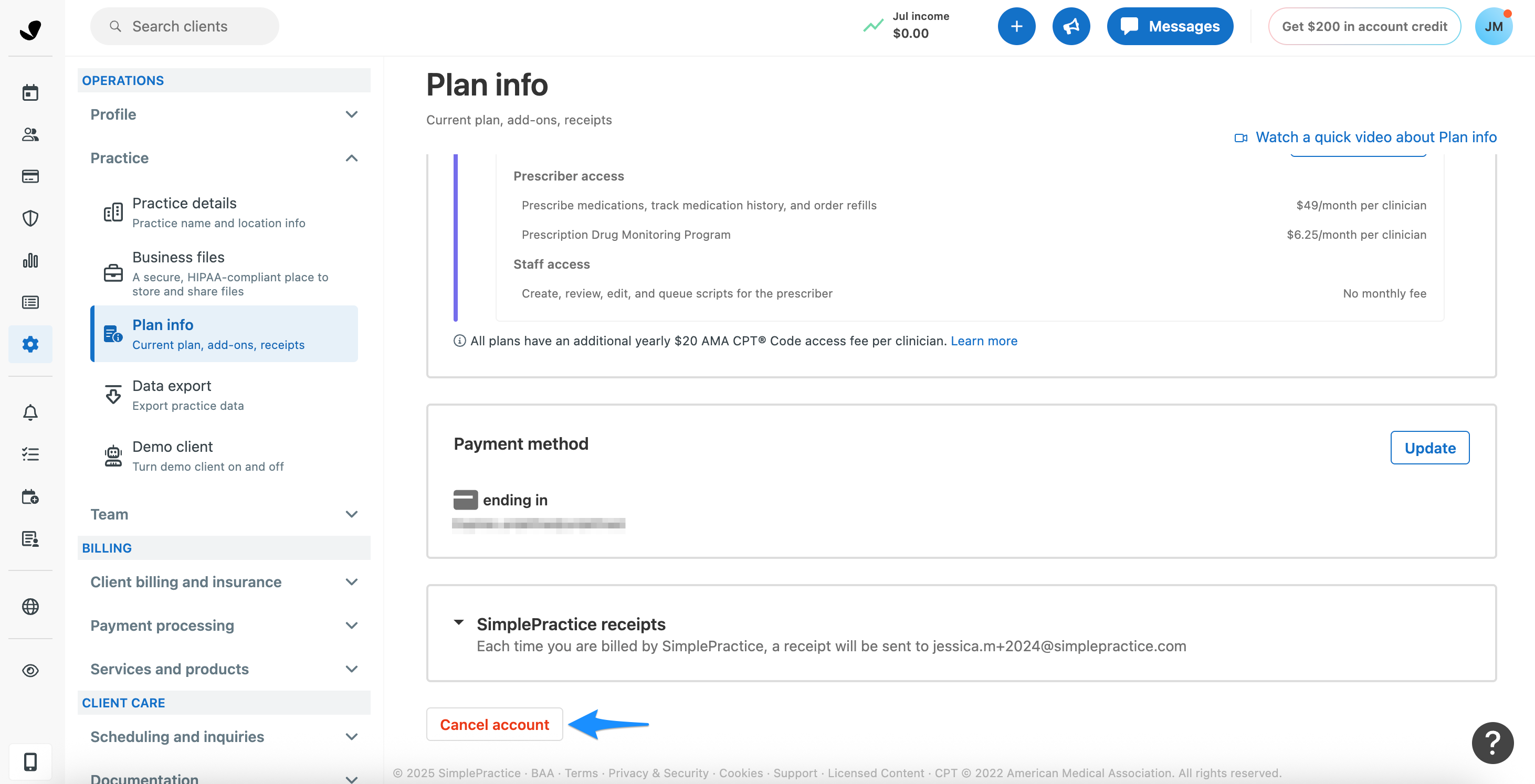 Plan info page showing the Cancel account option