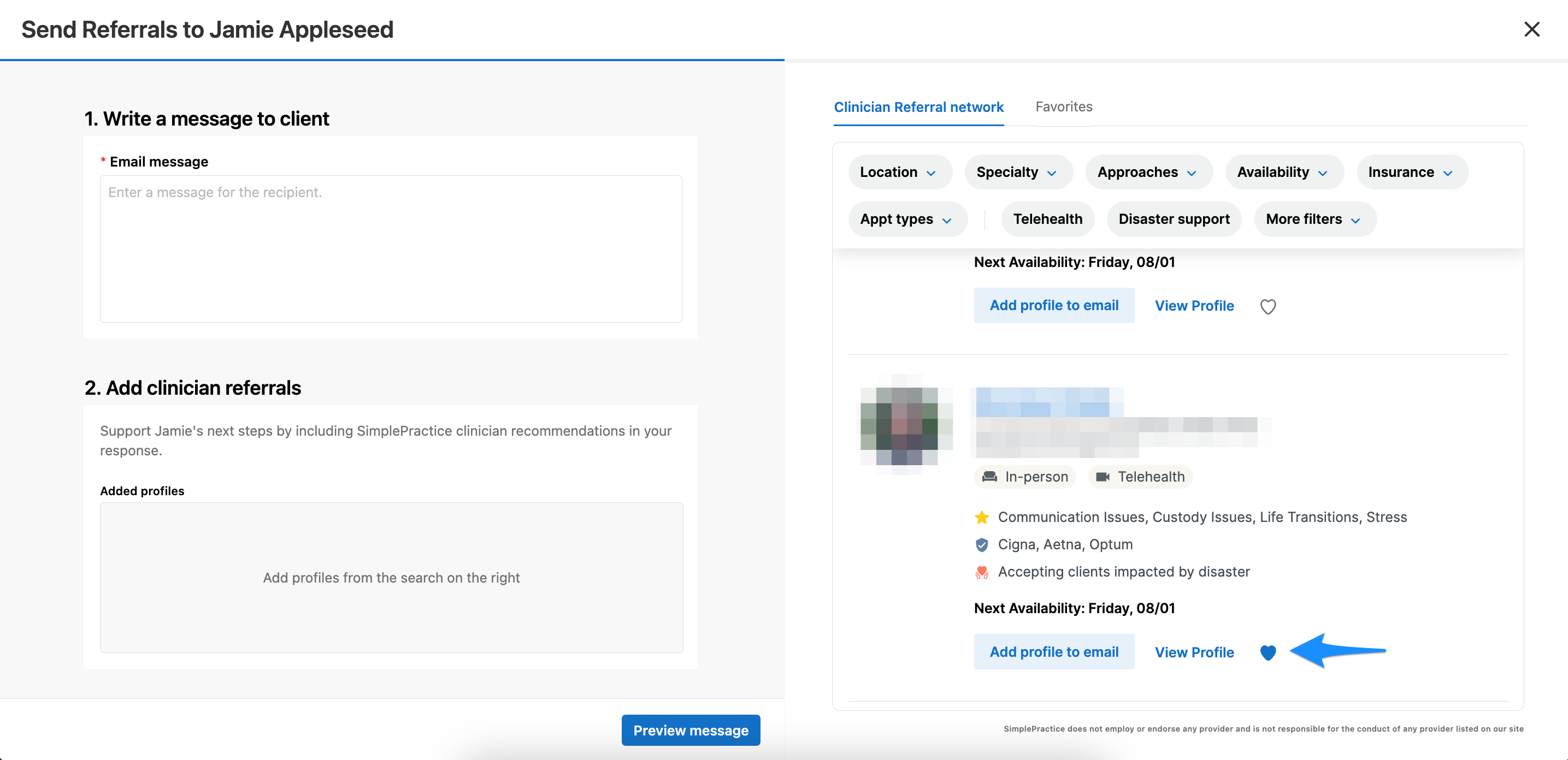 Heart icon to favorite a clinician in referral search results