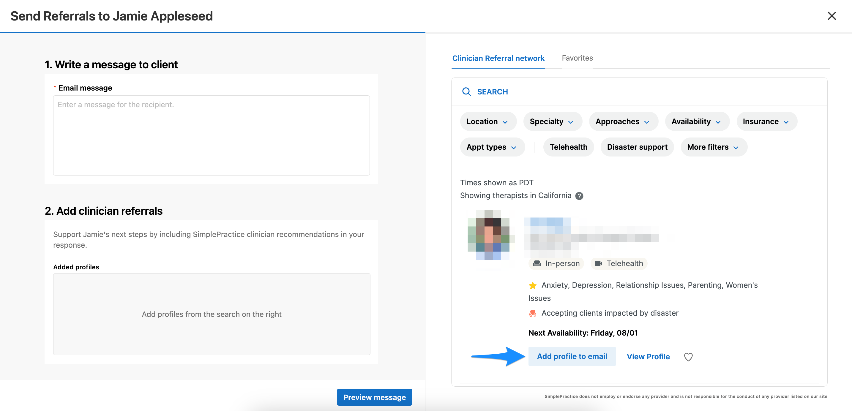 Add profile to email button for clinician referrals