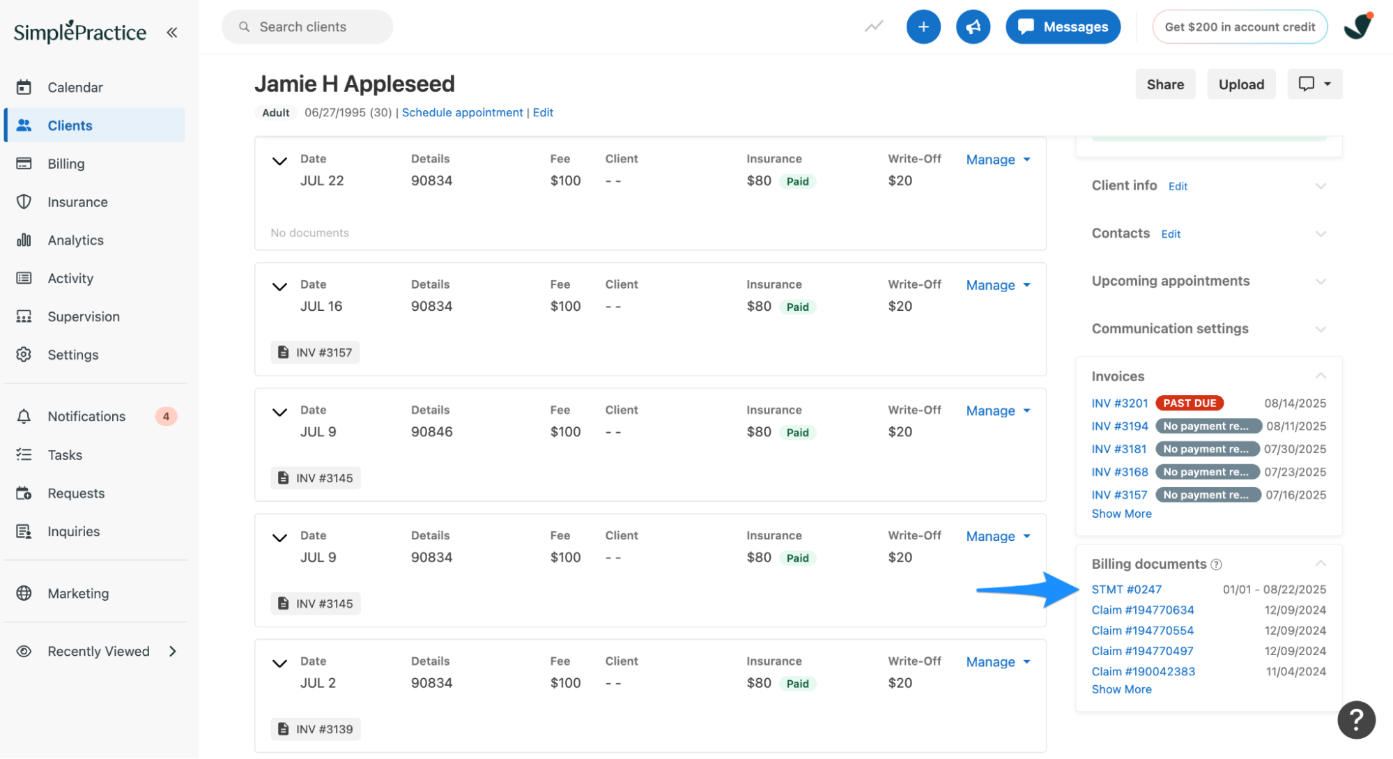 The Billing documents section within a client’s Billing tab