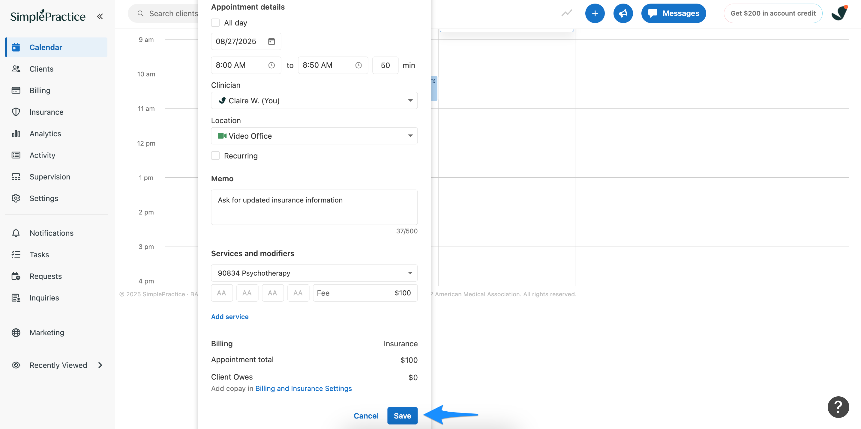 The Save button on the Appointment flyout