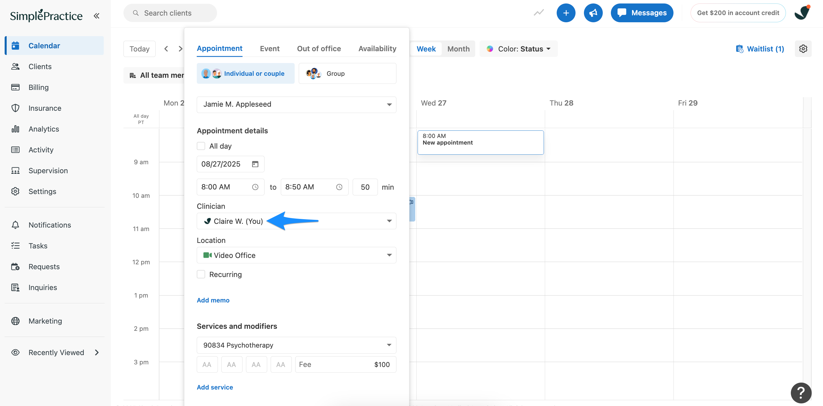 The Clinician dropdown within the Appointment flyout