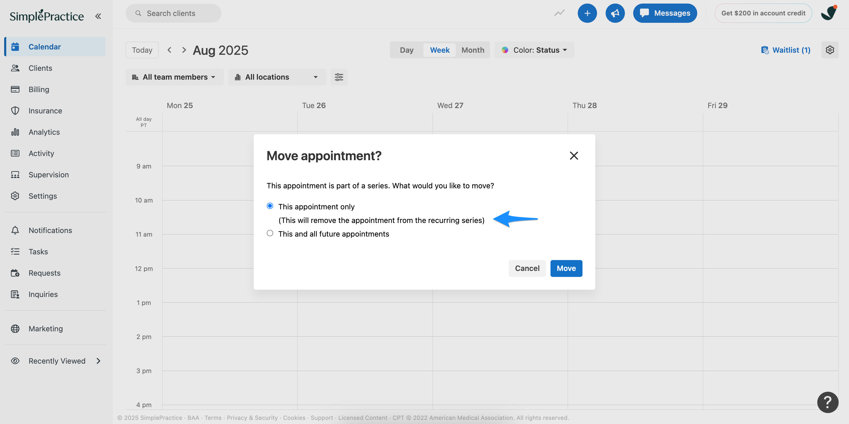 A prompt asking whether changes apply to one appointment or the full recurring series
