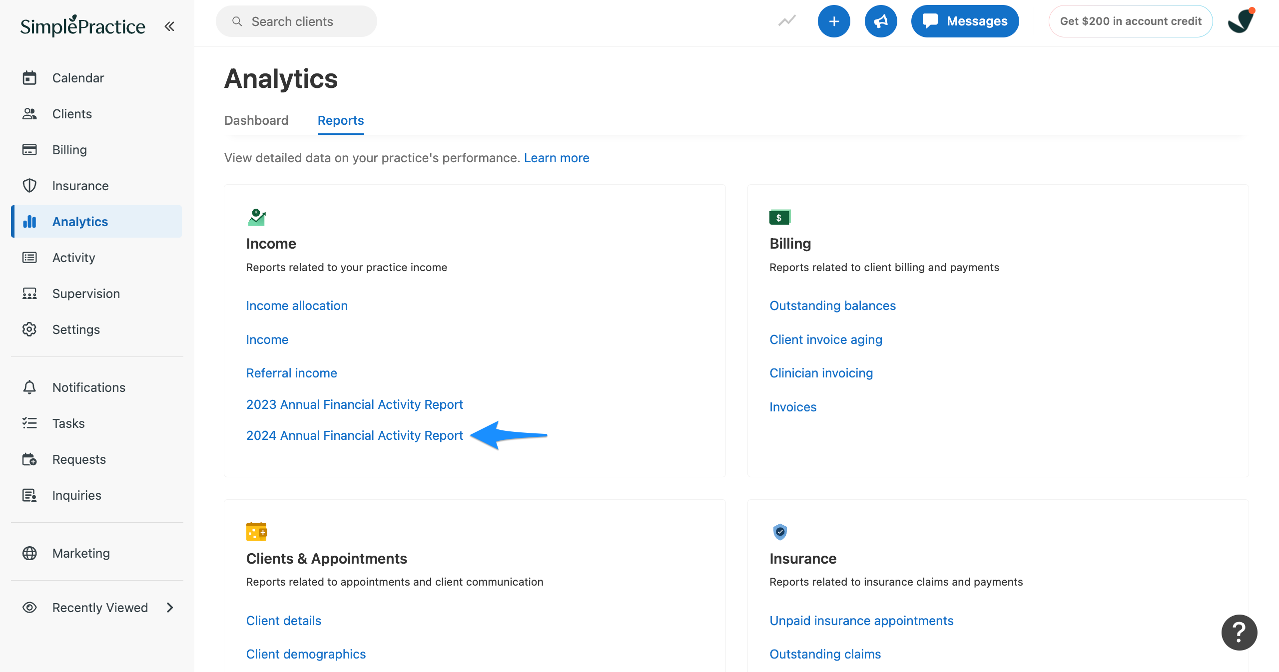 Reports page showing the Annual Financial Activity Report link