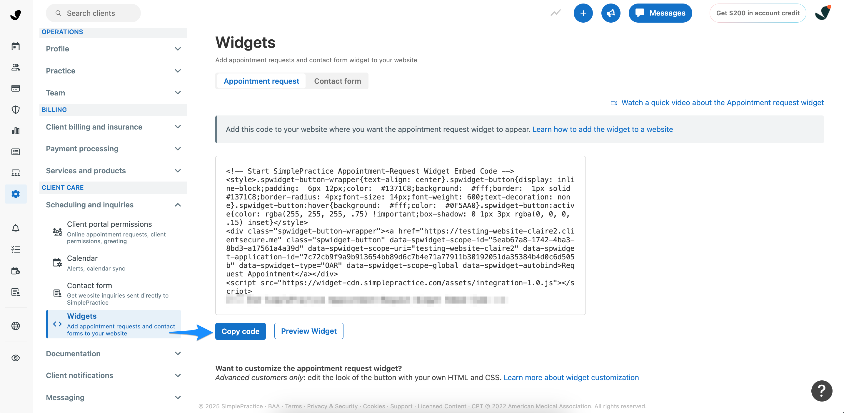 Widgets page showing the Copy code button for the appointment request widget