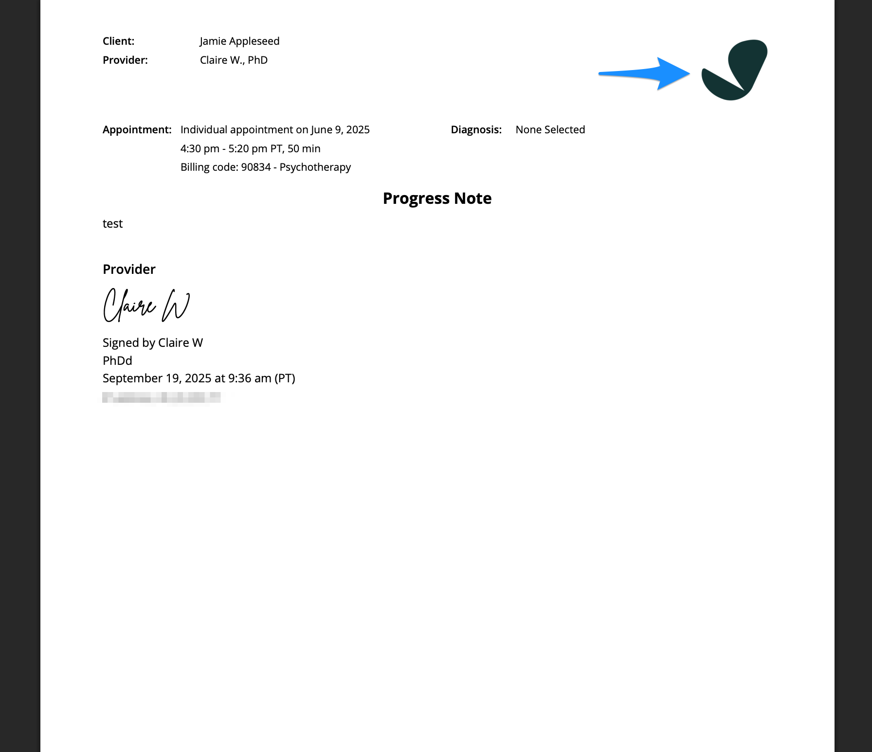 A PDF preview of a completed progress note showing the practice logo at the top.