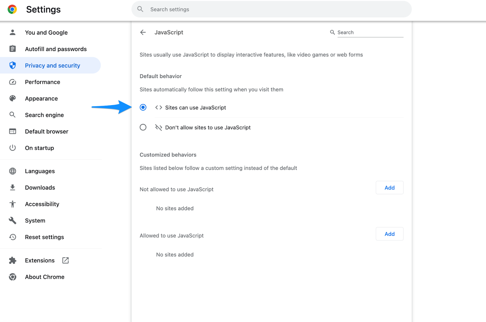 Chrome Site settings page with JavaScript content setting set to Sites can use JavaScript.