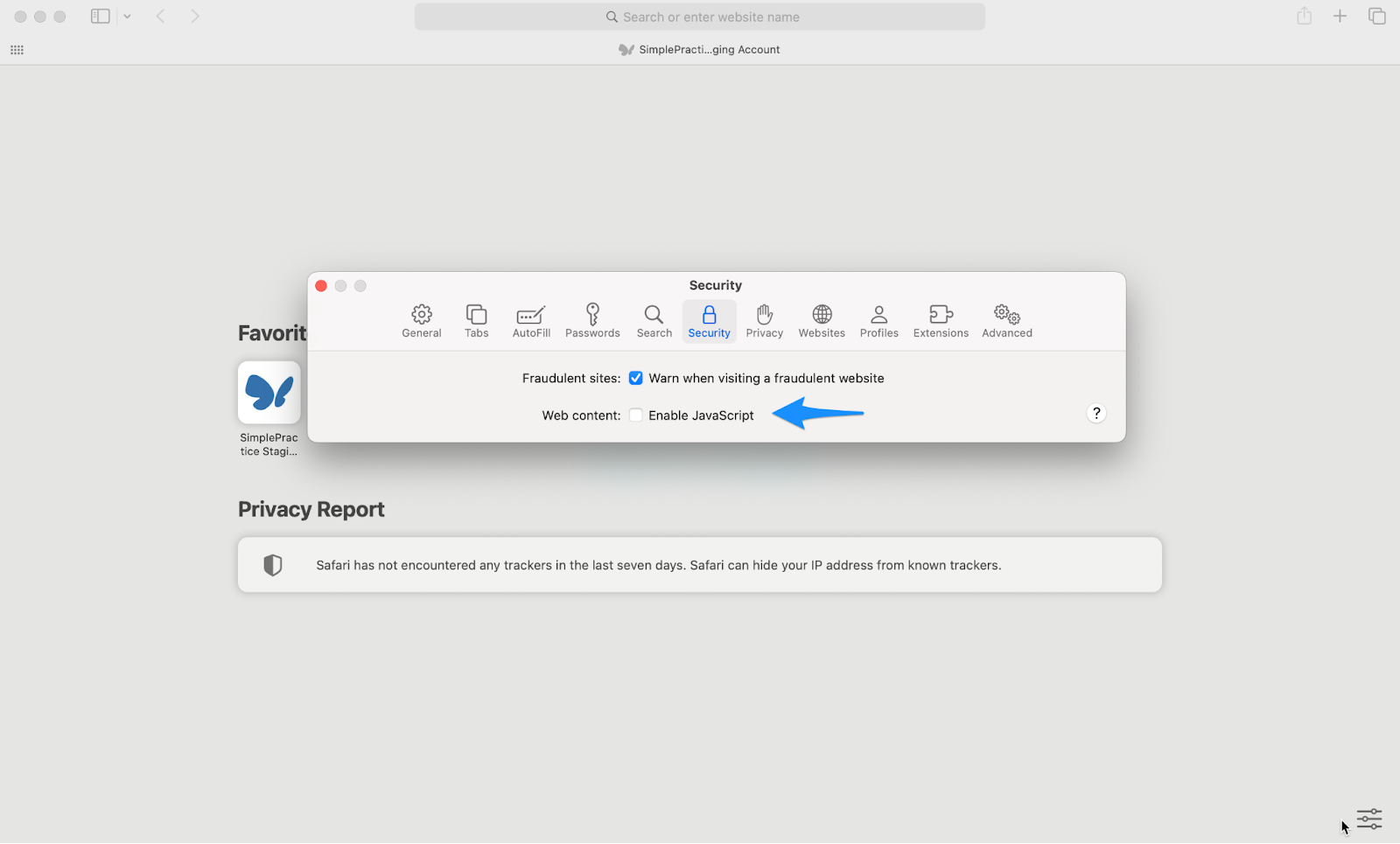 Safari Security settings window with Enable JavaScript checkbox selected.