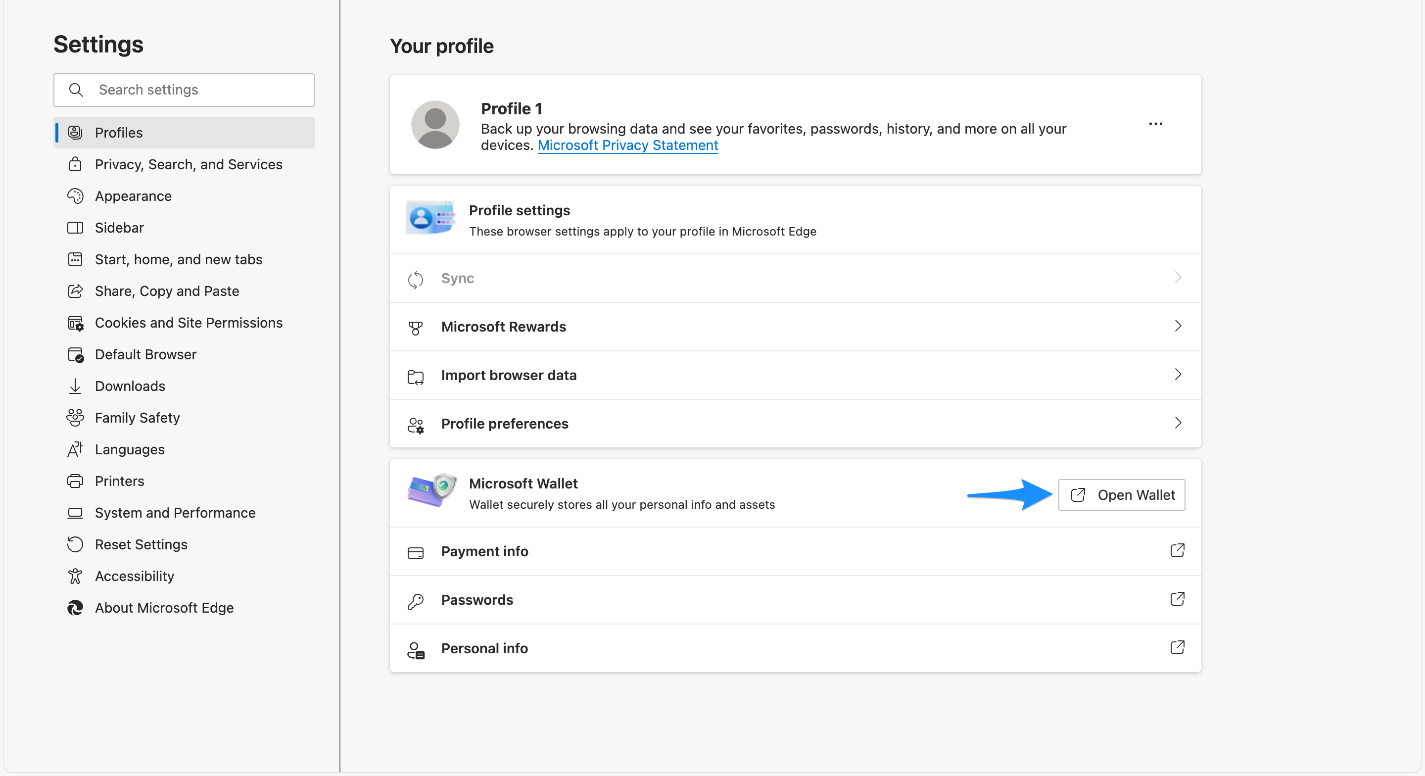 Microsoft Edge Profiles settings page with Microsoft Wallet section and Open Wallet button highlighted.