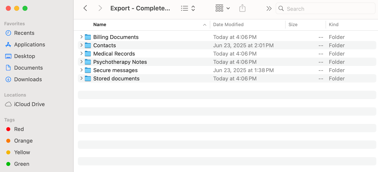Types of documentation separated as folders once the complete data export is opened for the first time