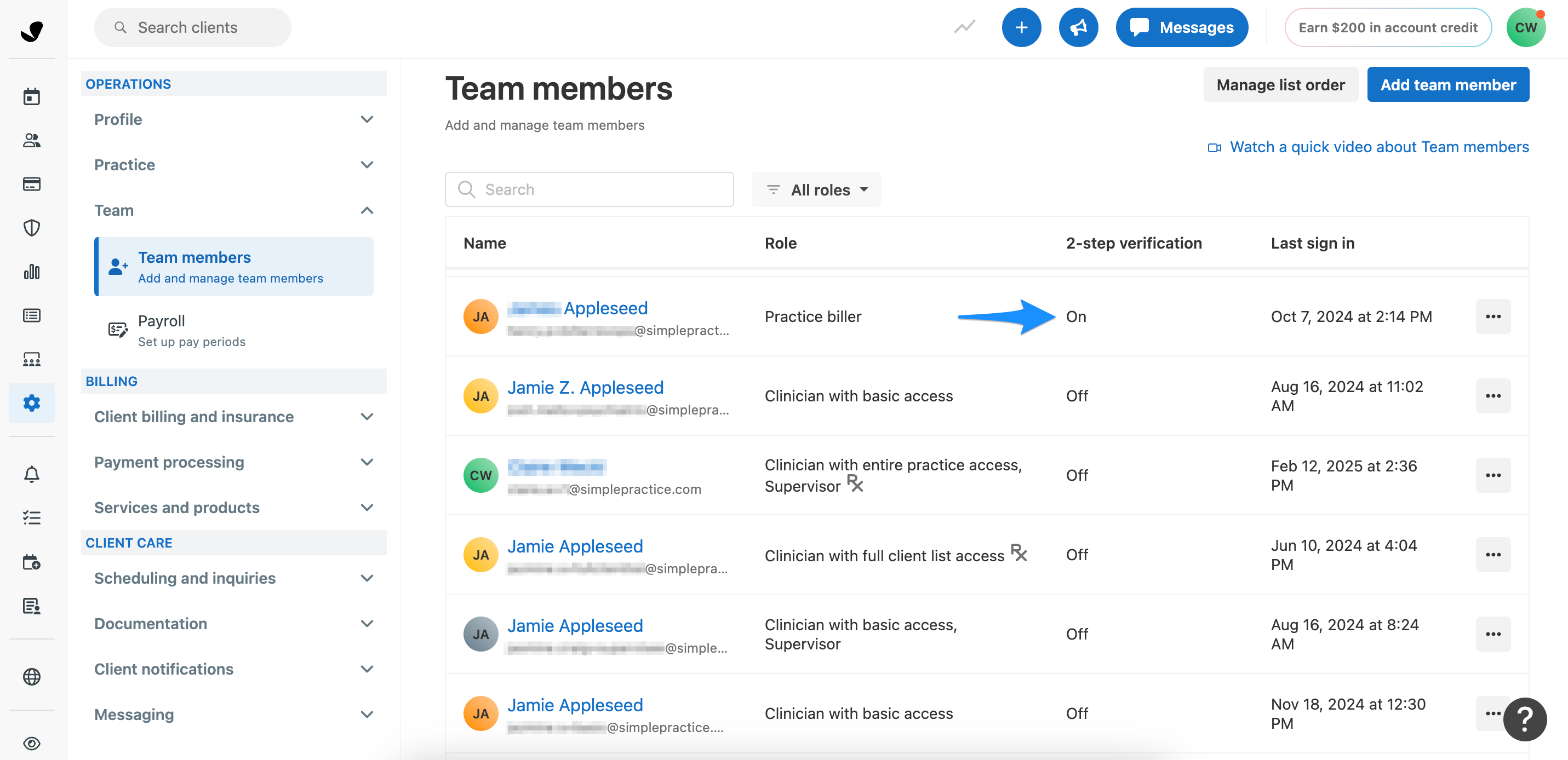 Team members page showing 2-step verification status for each team member