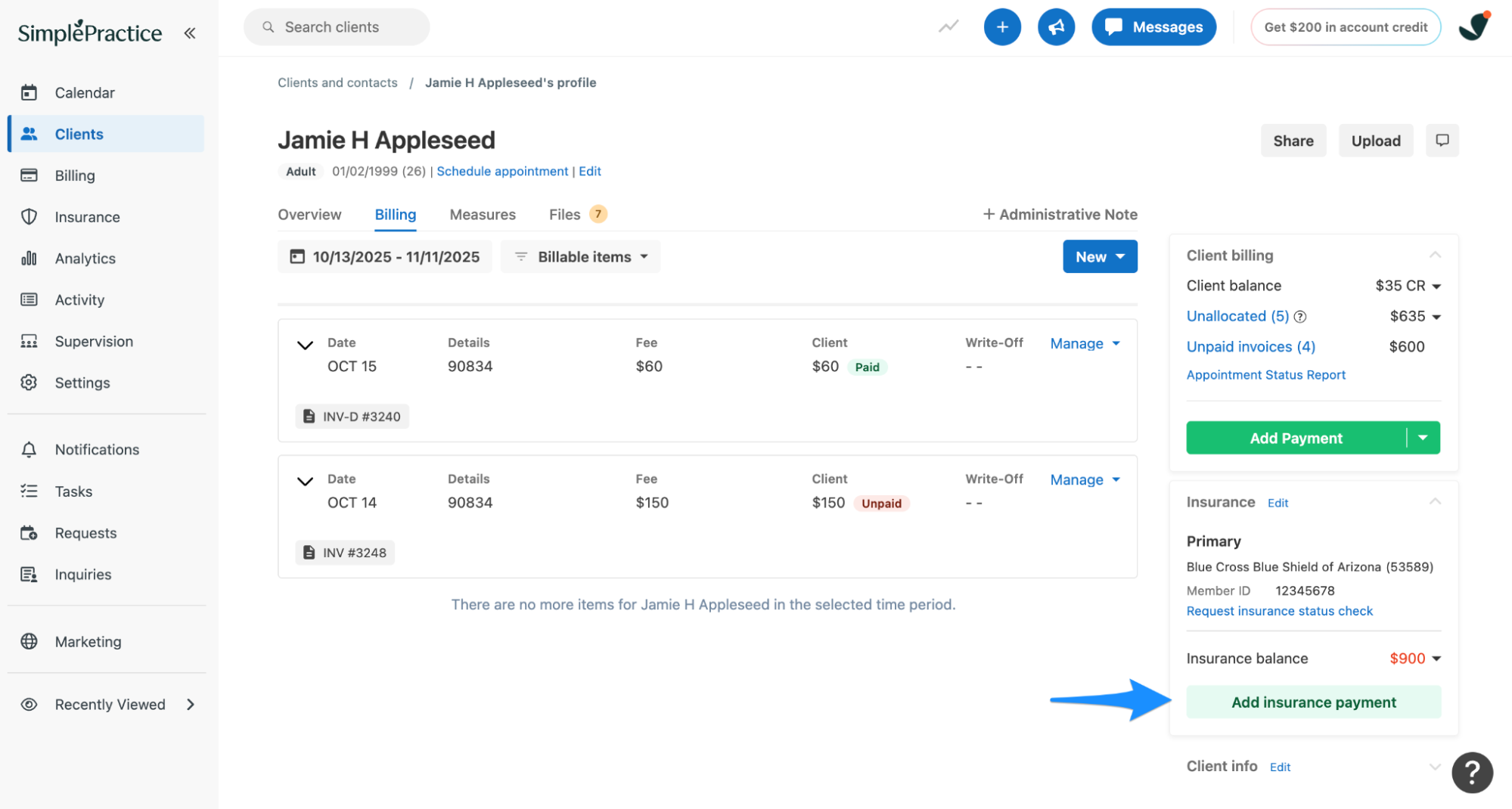 Add insurance payment window on the Billing page