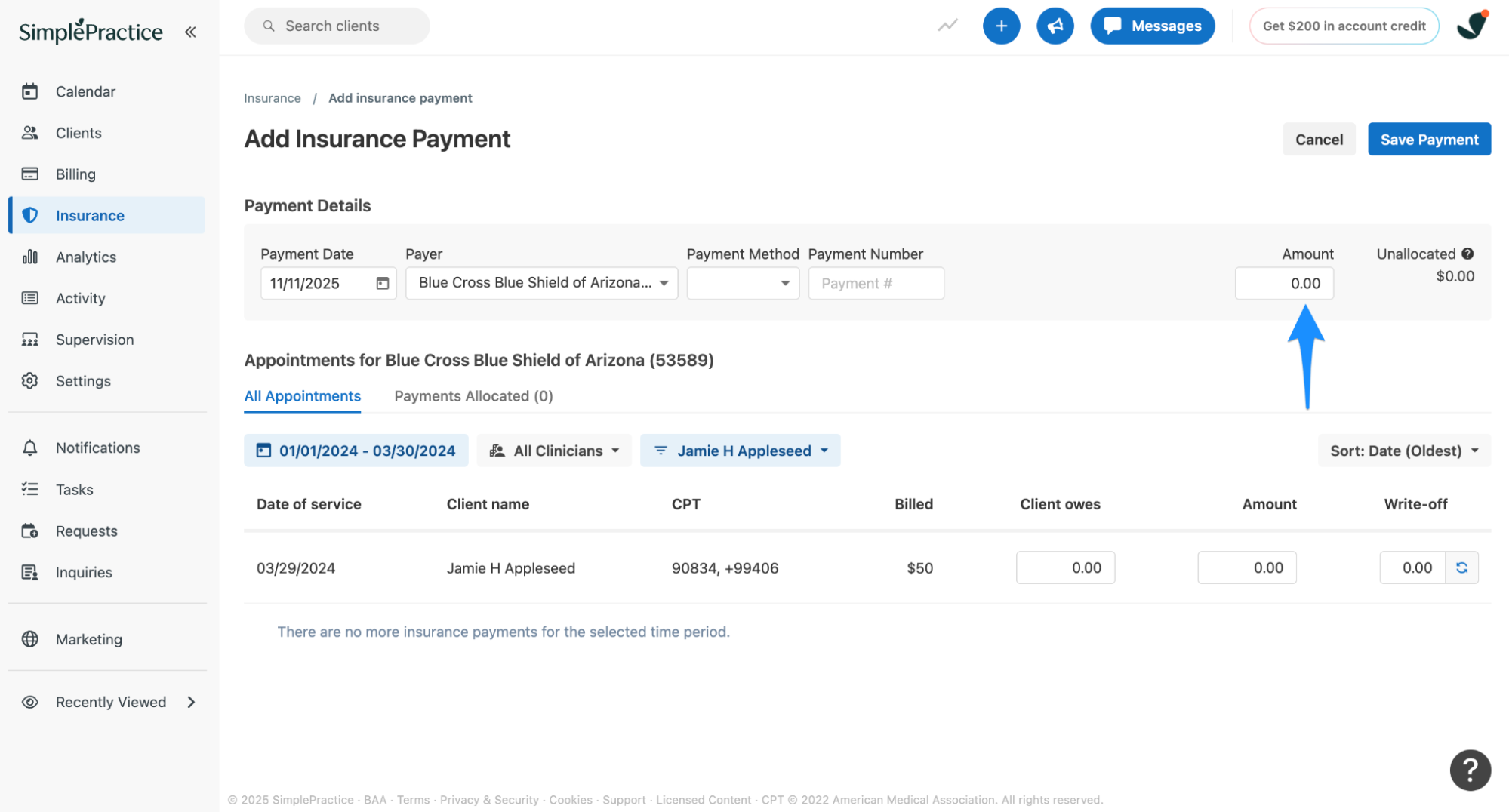 Insurance payment amount set to $0